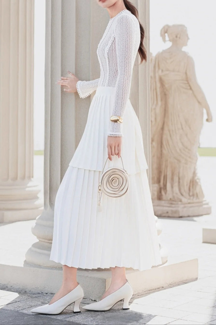 SLEEVELESS PLEATED SKIRT SUIT, WHITE WEDDING SET