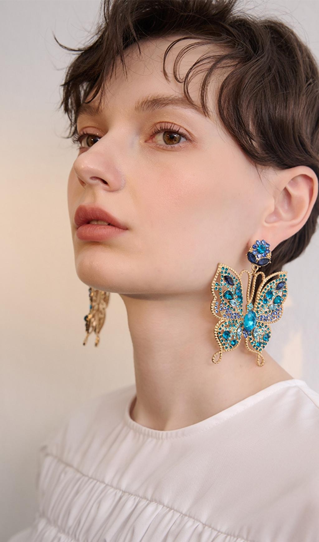 COLORFUL RHINESTONE BUTTERFLY DANGLE EARRINGS FOR PARTY