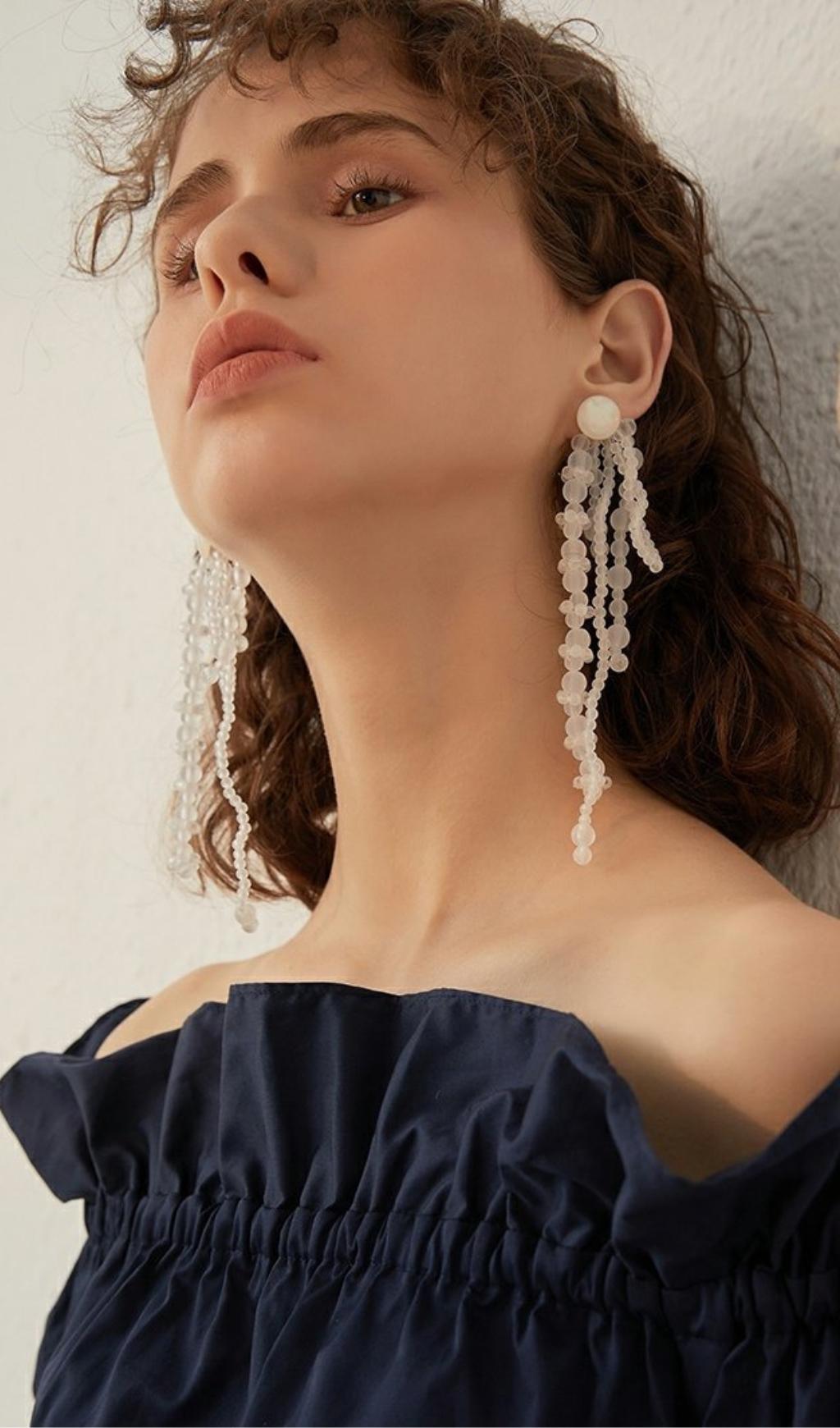 WHITE PEARL TASSEL DROP EARRINGS FOR WEDDING