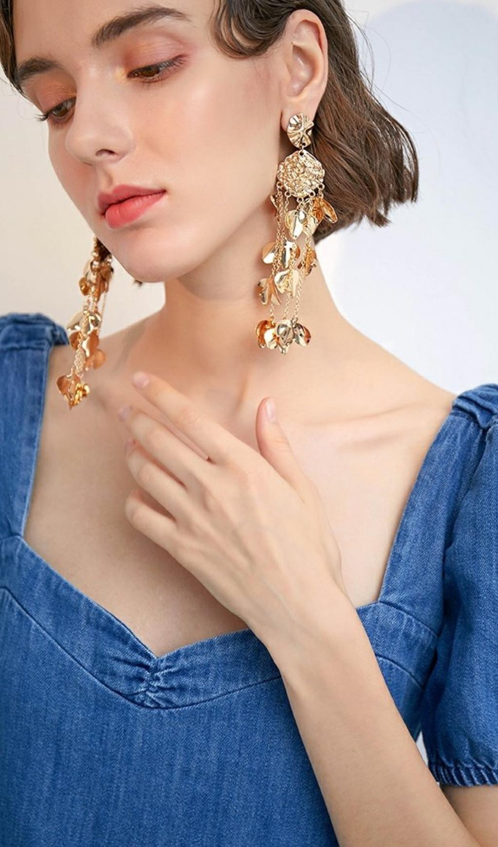 GOLD TASSEL LEAF DROP EARRINGS FOR PARTY