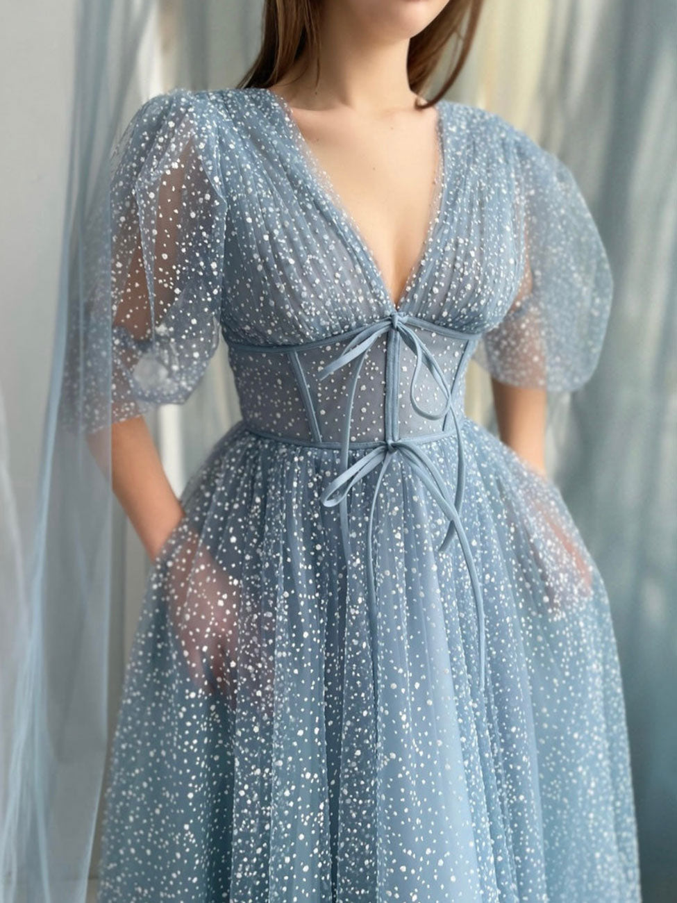 A-LINE GRAY BLUE MIDI DRESS FOR WORK