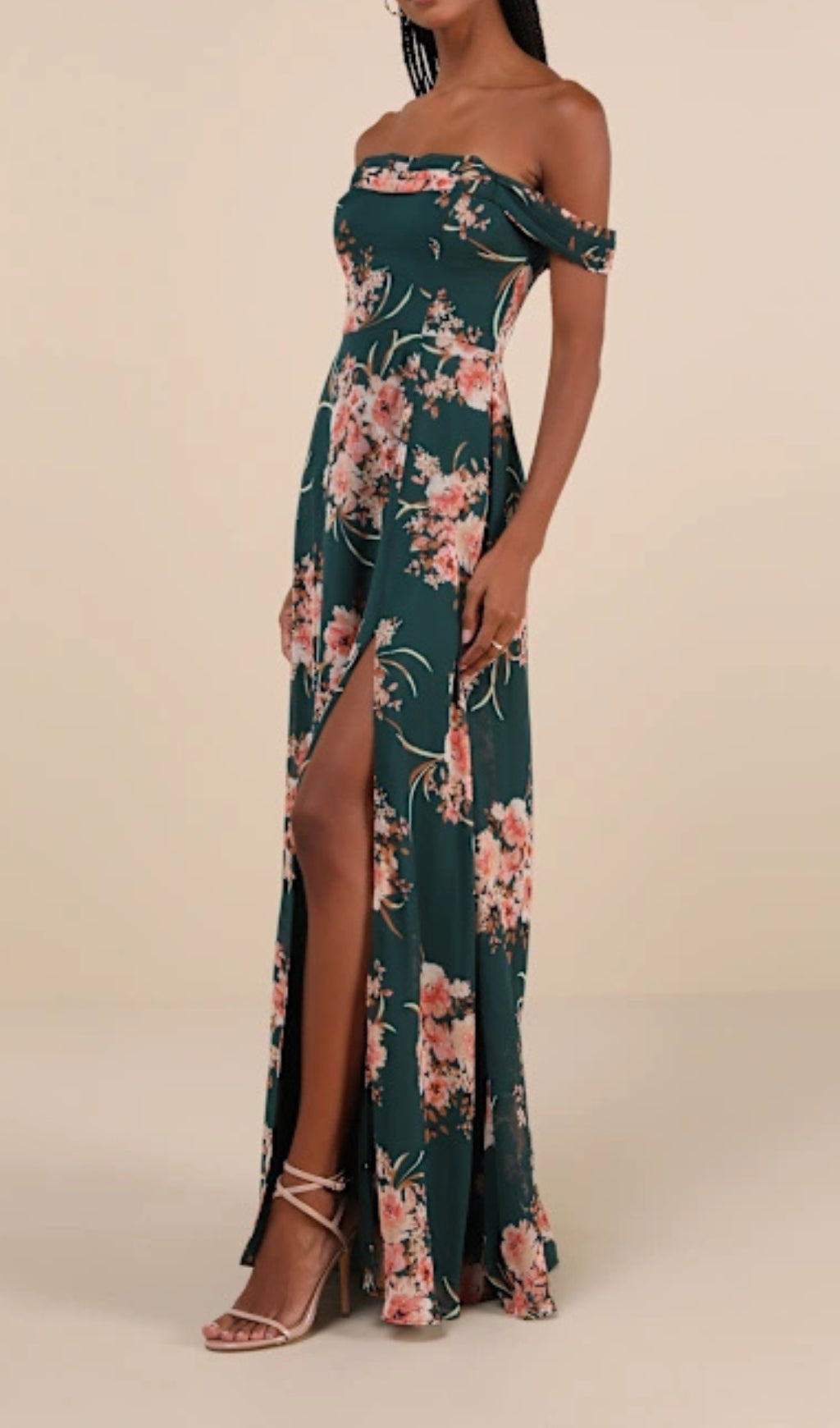 EMERALD GREEN OFF-SHOULDER FLORAL MAXI DRESS