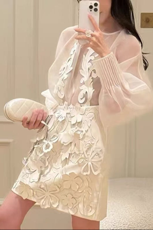 FLORAL APPLIQUE SHEER BLOUSE & MINI SKIRT SET - WHITE