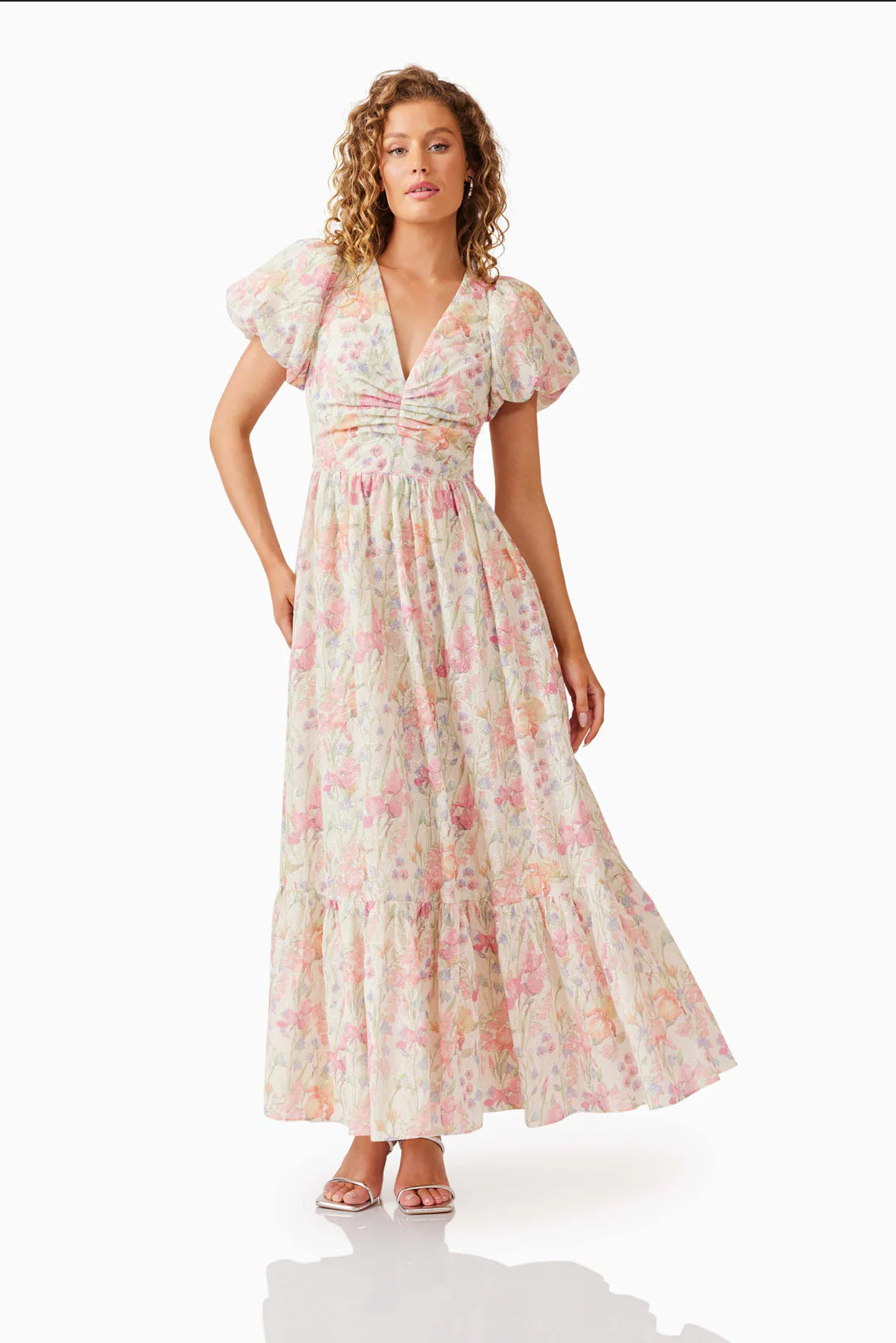 V-NECK PUFF SLEEVE FLORAL MAXI DRESS PINK
