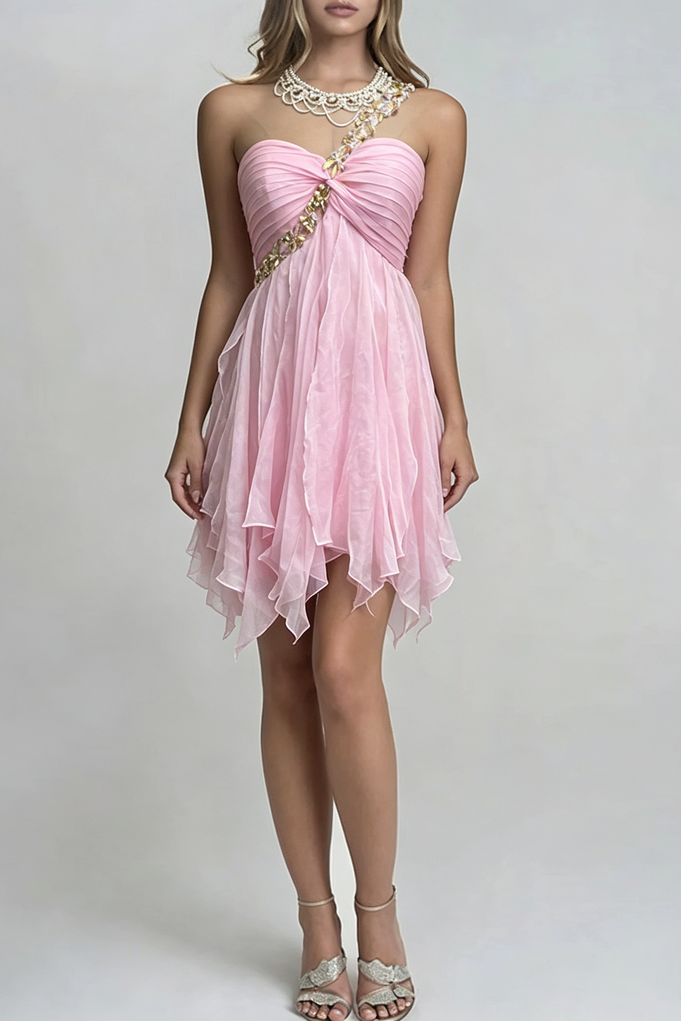 ONE-SHOULDER CRYSTAL CHIFFON PARTY DRESS