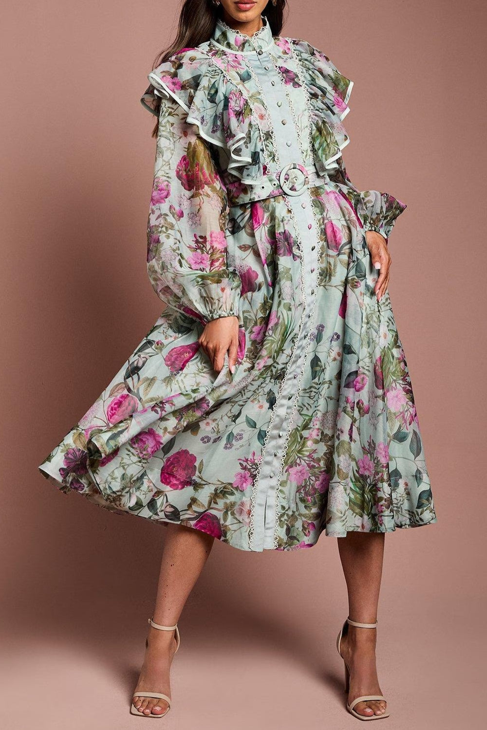 35060e98-0025-44ce-8c2e-010063fcfebb GREEN PRINTED ORGANZA MIDI SHIRT DRESS