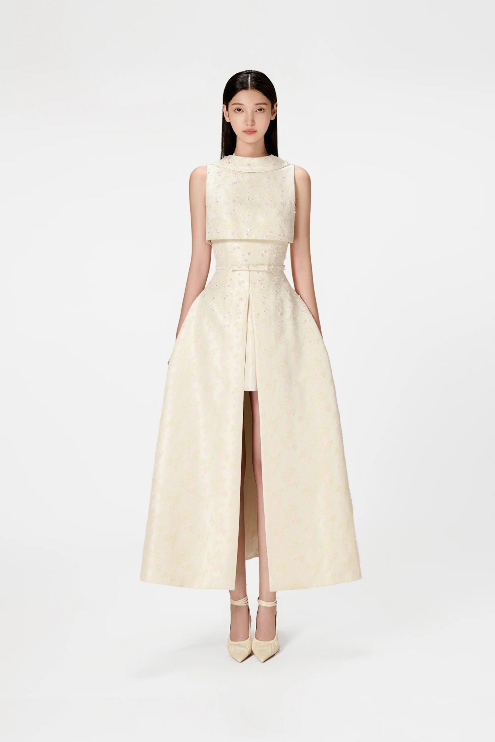 BEADED BROCADE COWL NECK LONG GOWN