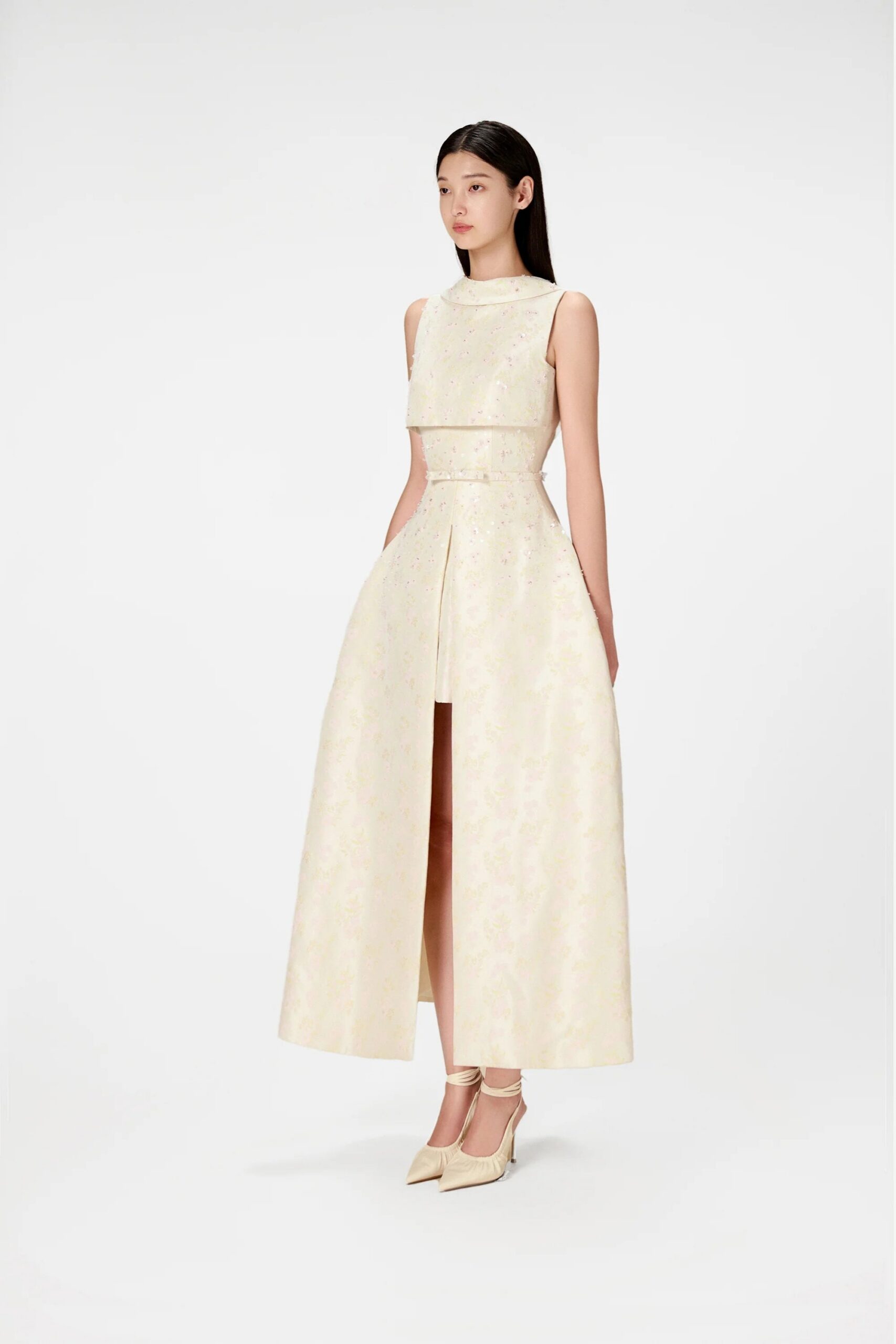 BEADED BROCADE COWL NECK LONG GOWN