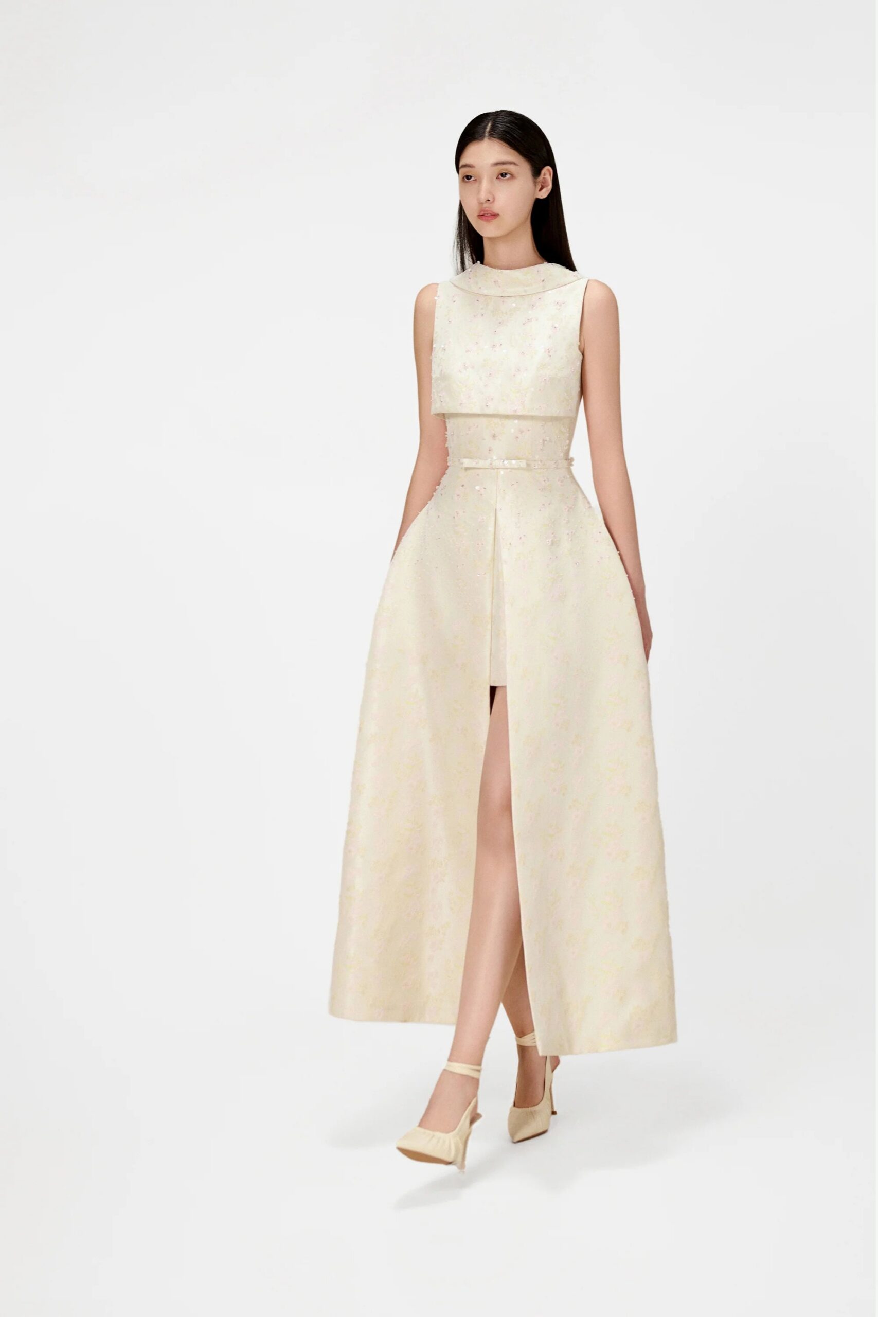 BEADED BROCADE COWL NECK LONG GOWN