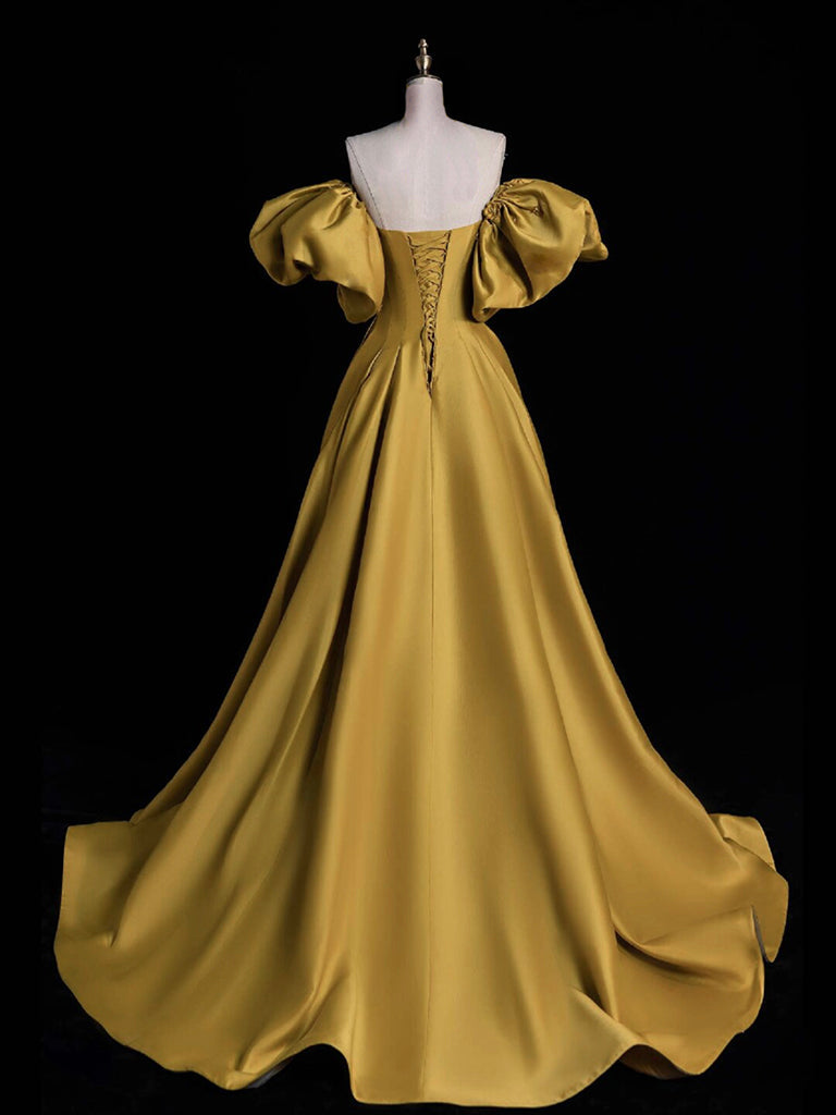 YELLOW A-LINE SATIN MAXI PROM DRESS