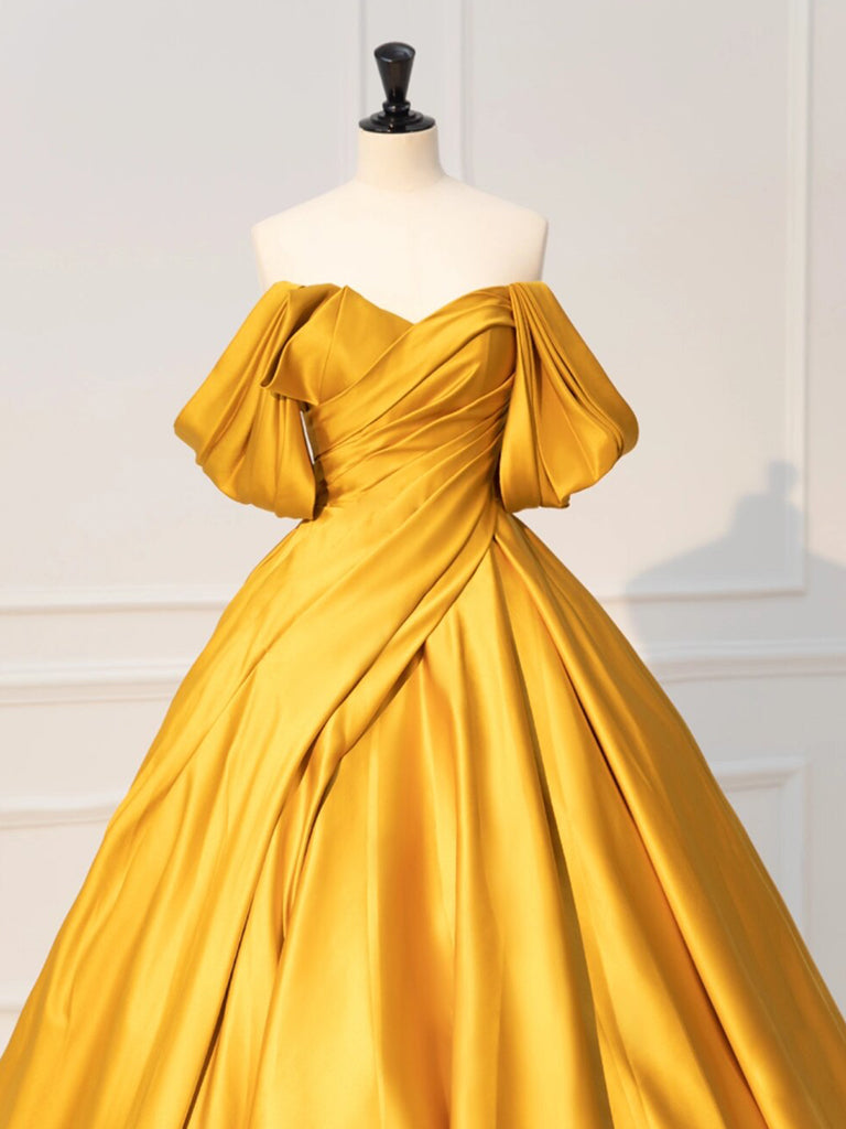 YELLOW OFF-SHOULDER SATIN PROM DRESS
