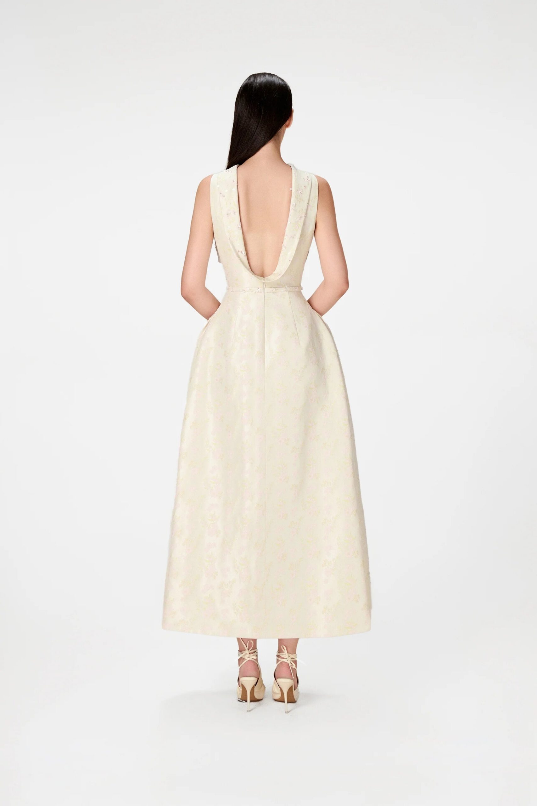 BEADED BROCADE COWL NECK LONG GOWN