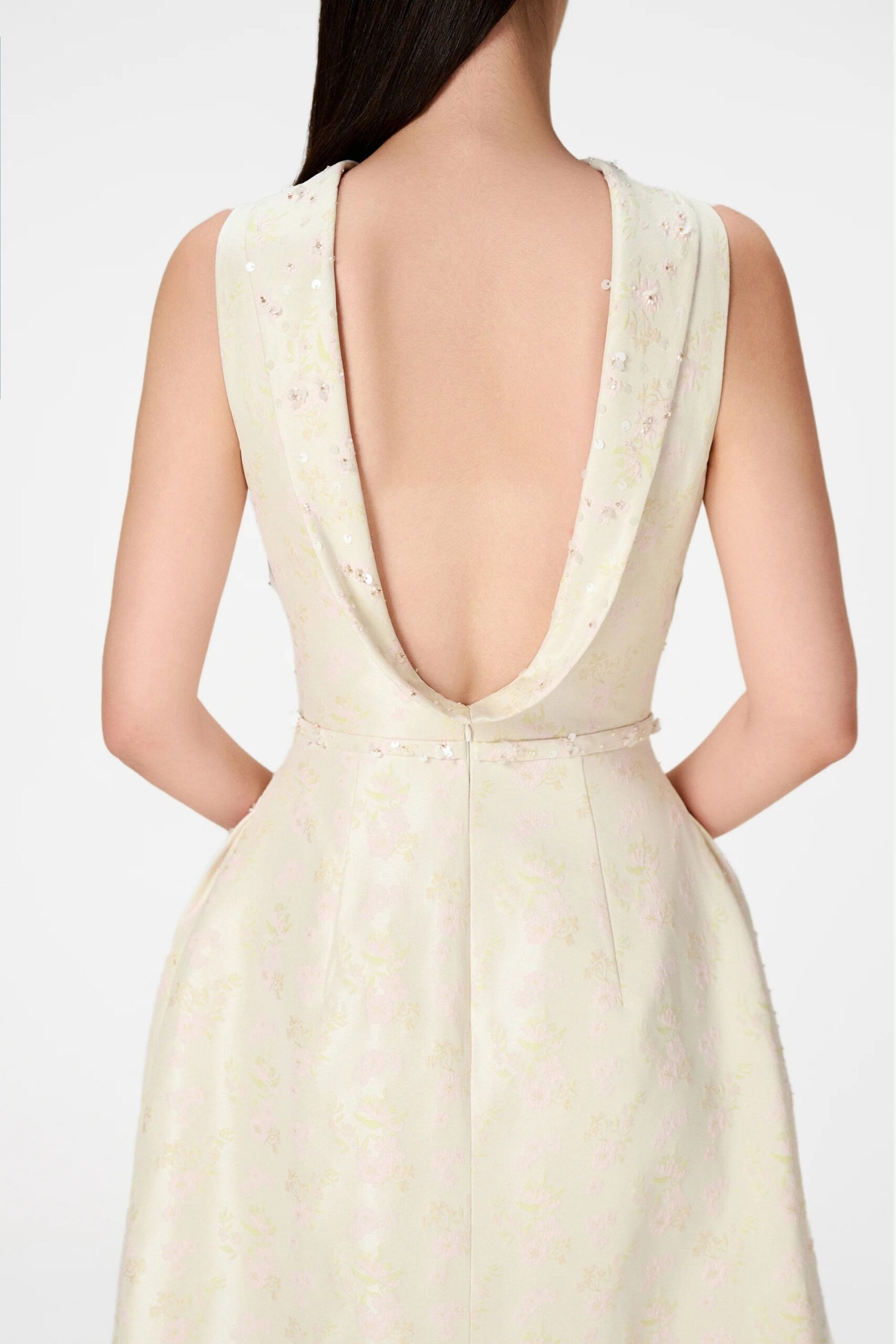 BEADED BROCADE COWL NECK LONG GOWN
