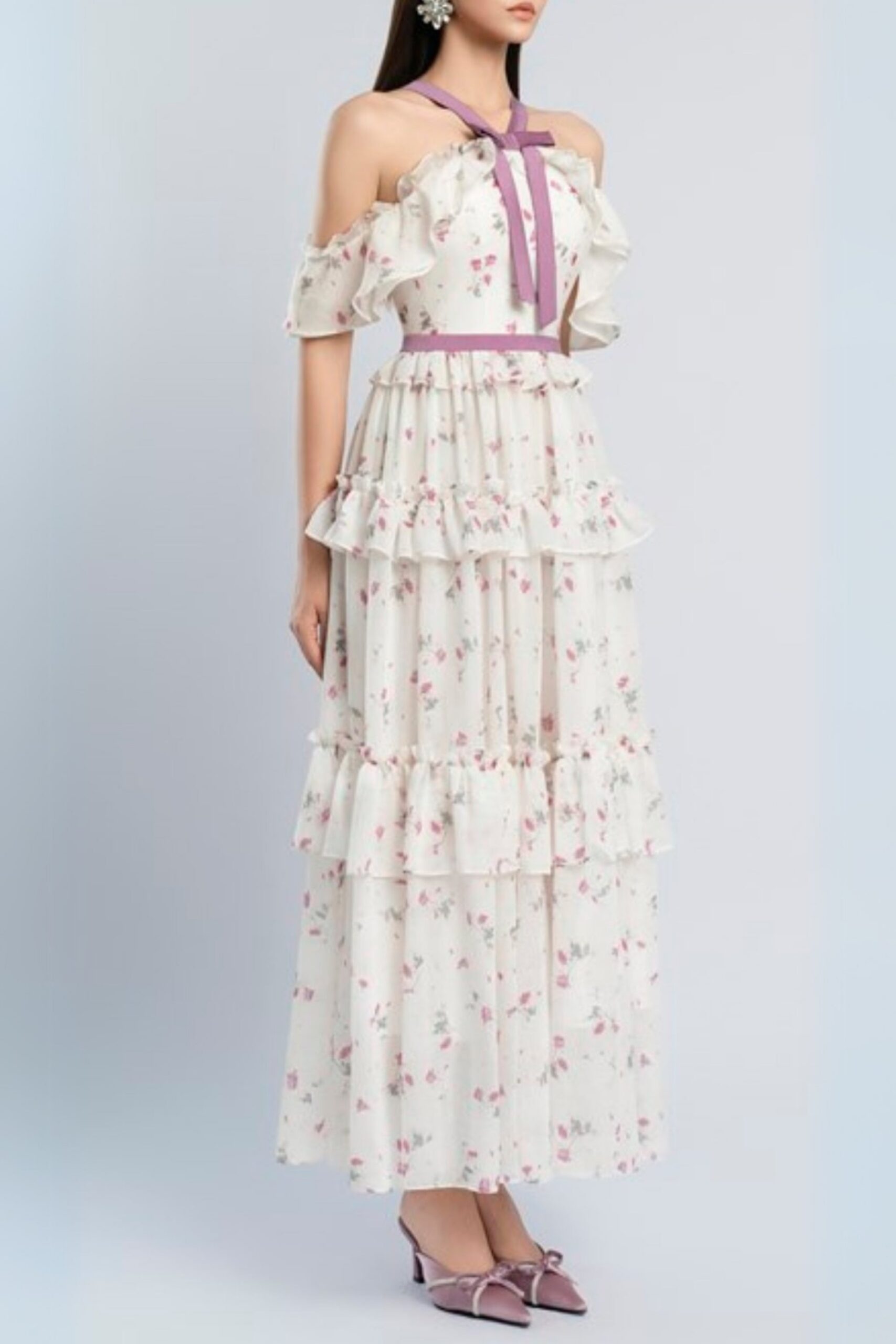 FLORAL BOW COLLAR RUFFLE MAXI DRESS FOR WEDDING