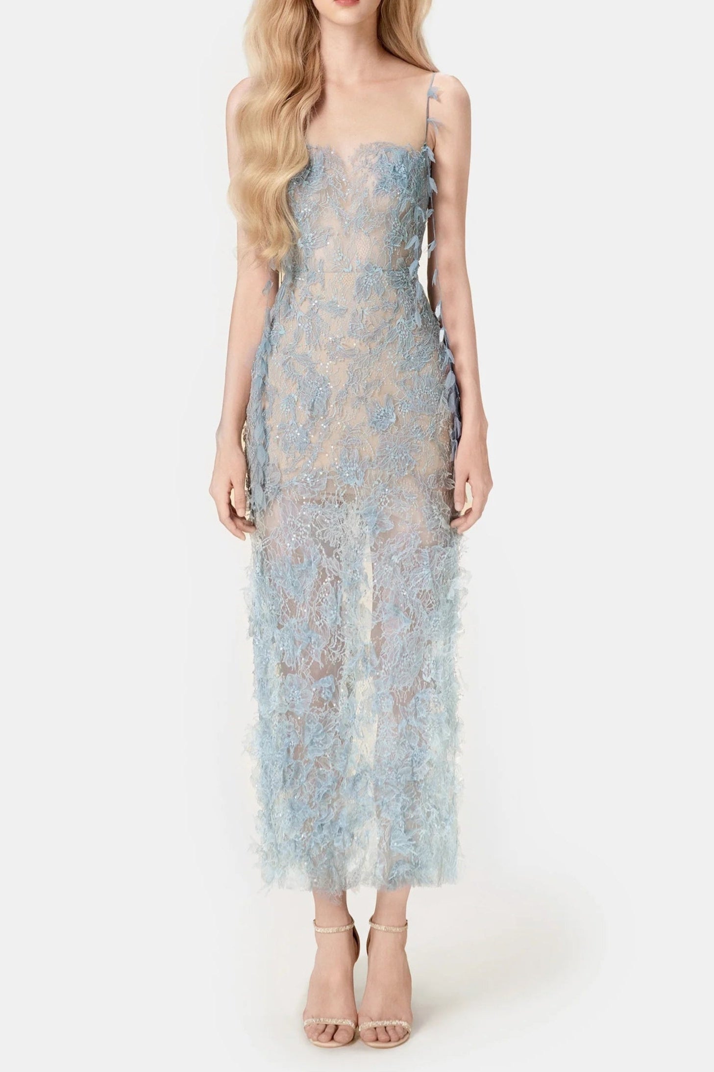 BLUE BEADED LACE PENCIL COCKTAIL DRESS