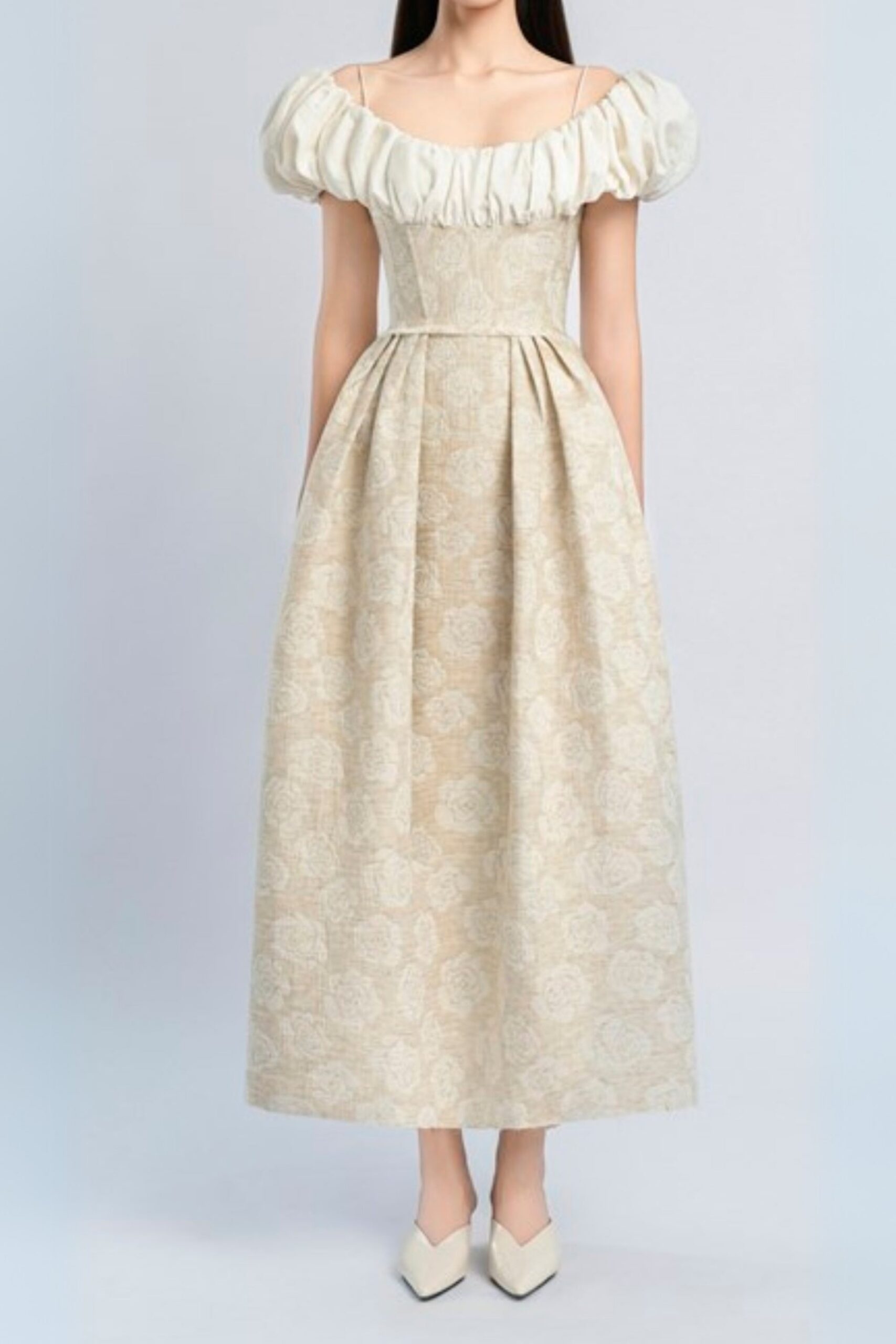 BEIGE BOAT NECK CORSET MAXI DRESS, FORMAL
