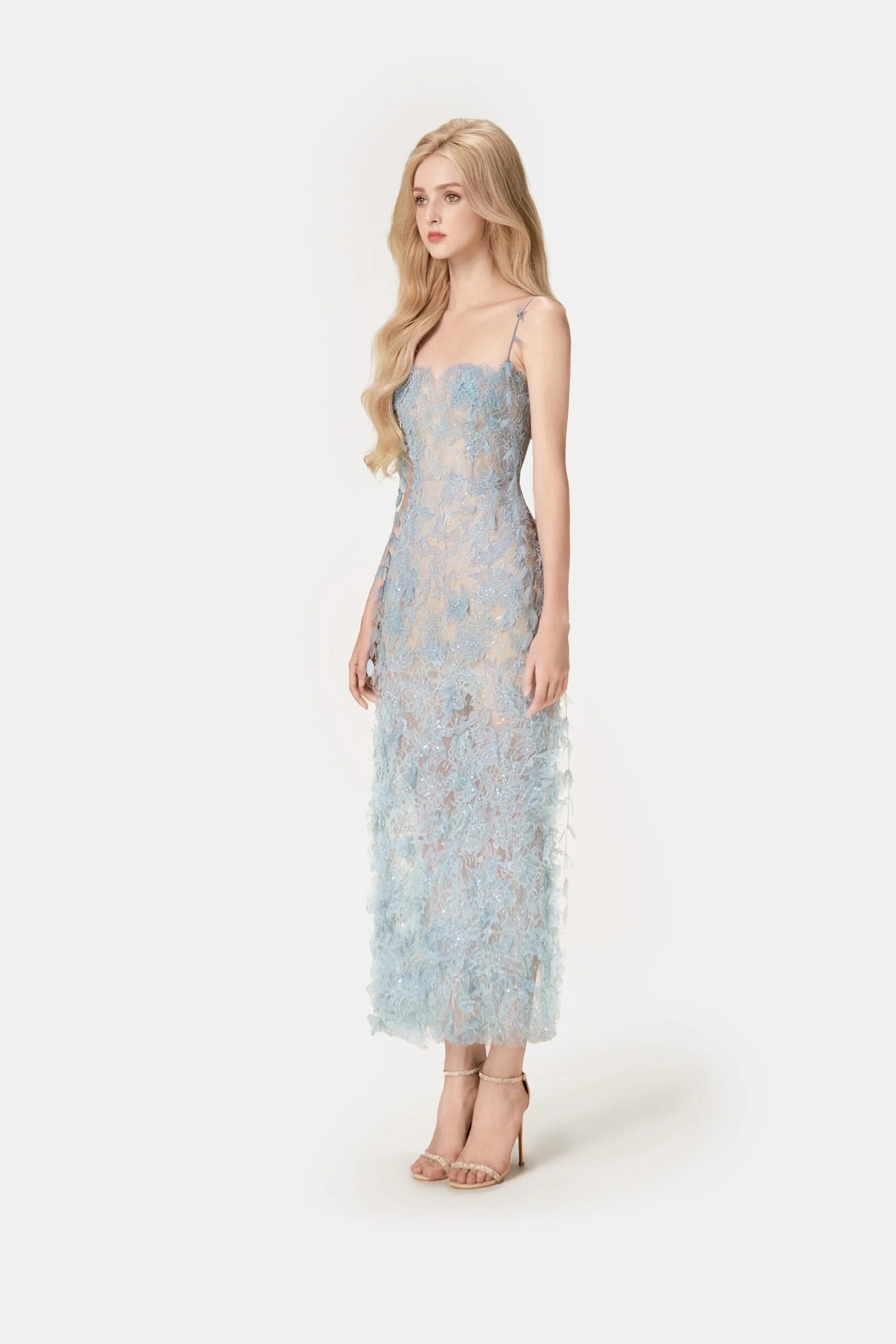 BLUE BEADED LACE PENCIL COCKTAIL DRESS