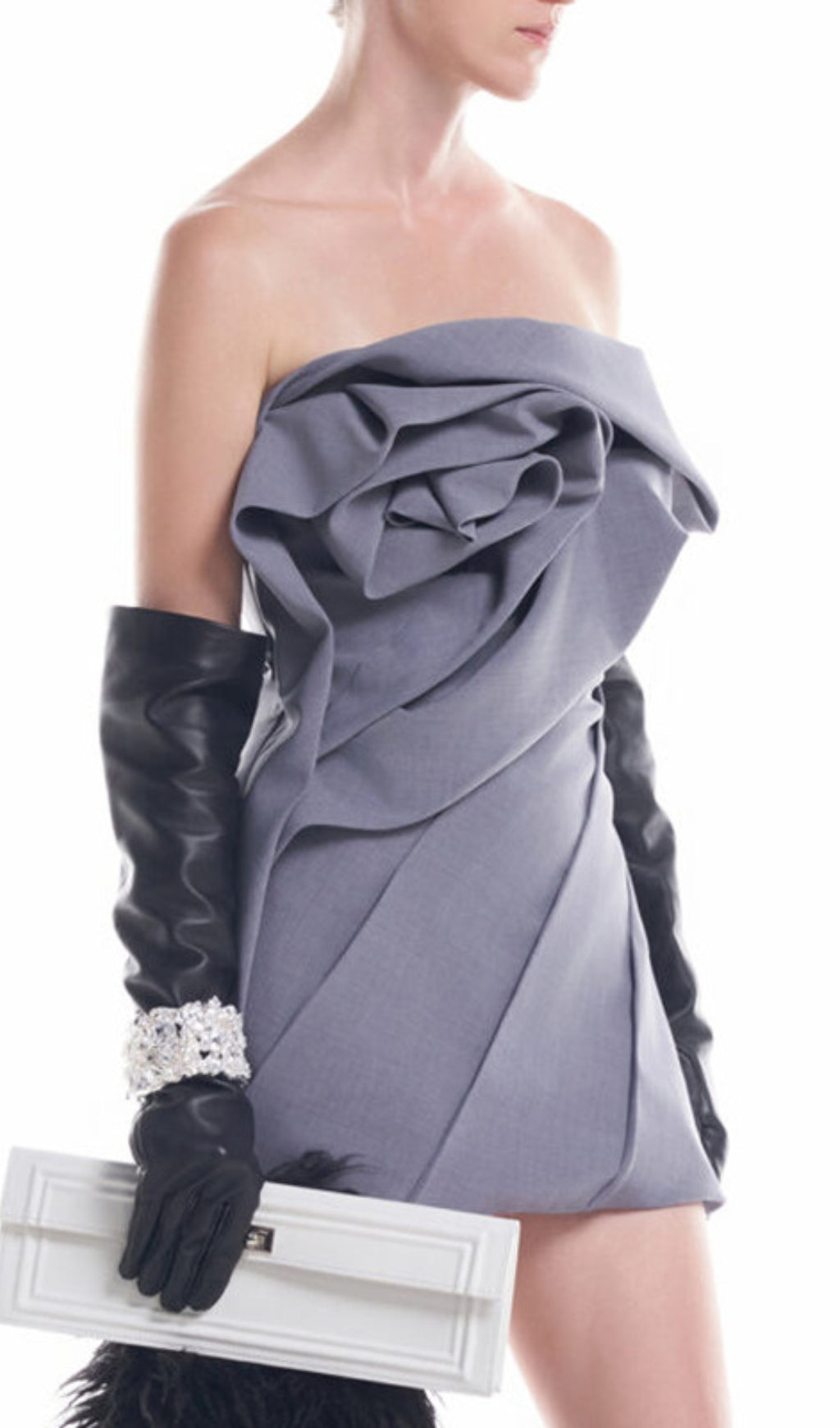 ALISA STRAPLESS GRAY FLOWER MINI DRESS FOR PARTY