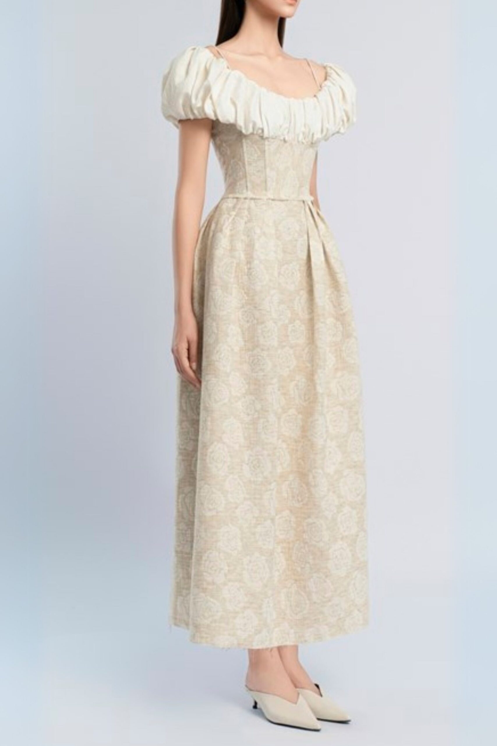 BEIGE BOAT NECK CORSET MAXI DRESS, FORMAL
