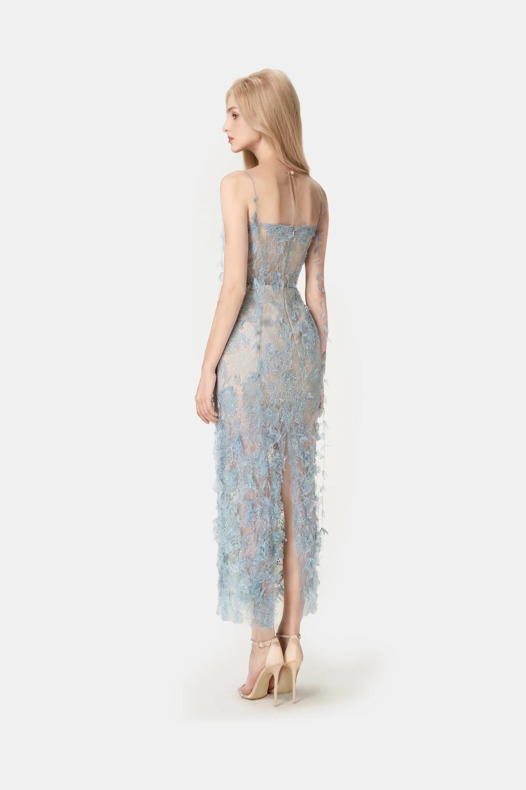 BLUE BEADED LACE PENCIL COCKTAIL DRESS