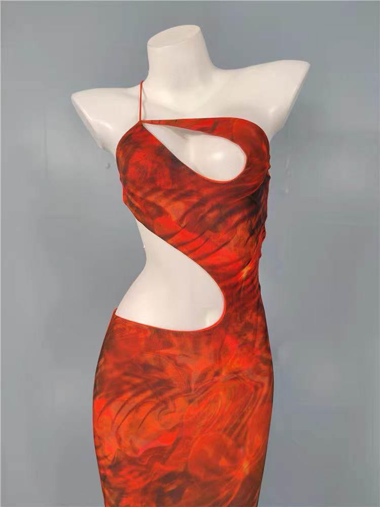 CUT OUT PRINTED MAXI DRESS ORANGE