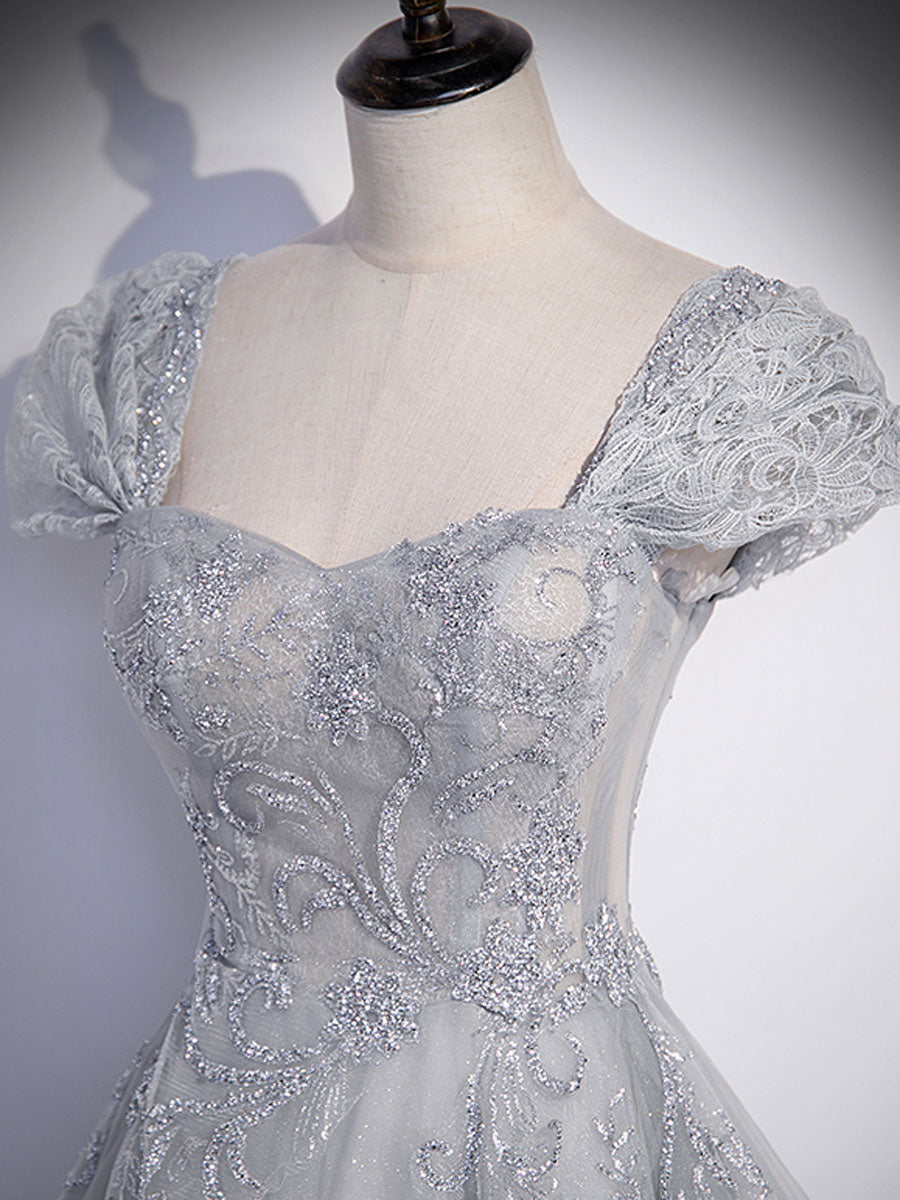 A-LINE GRAY TULLE SEQUIN PARTY DRESS