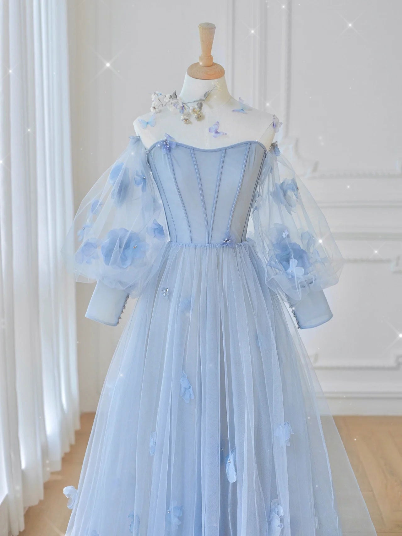 BLUE TULLE LACE MAXI DRESS FOR WEDDING