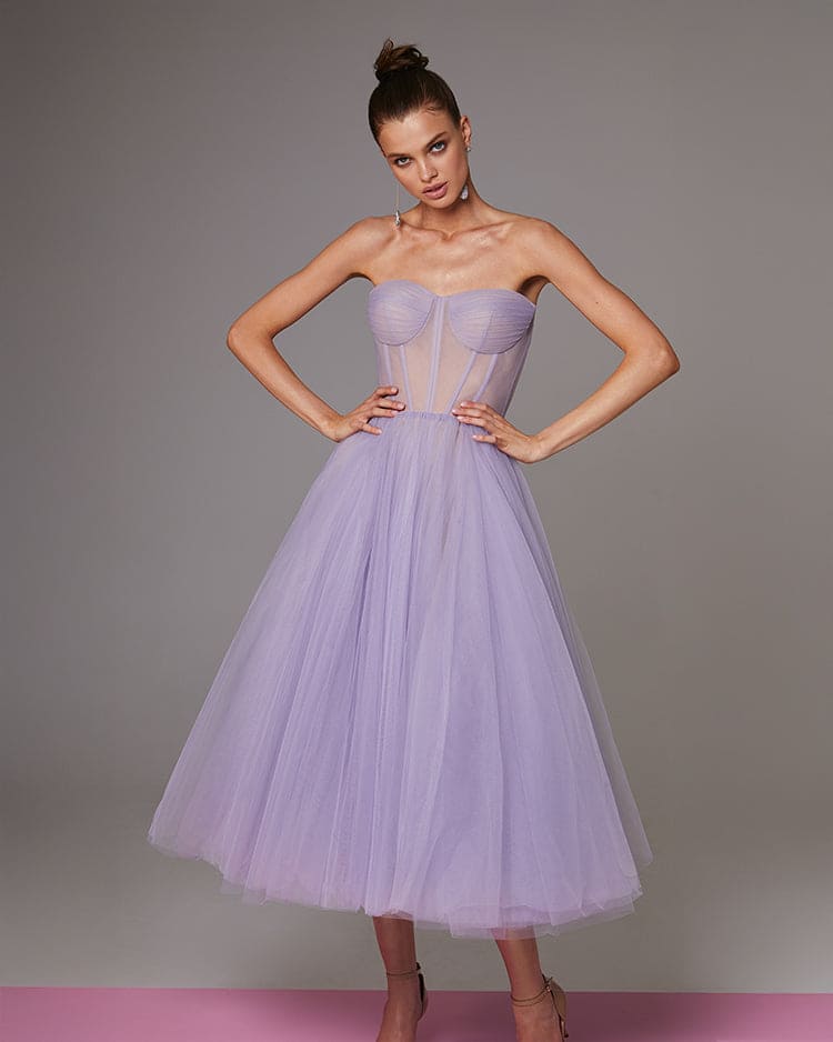 LAVENDER STRAPLESS PUFFY MIDI TULLE PARTY DRESS