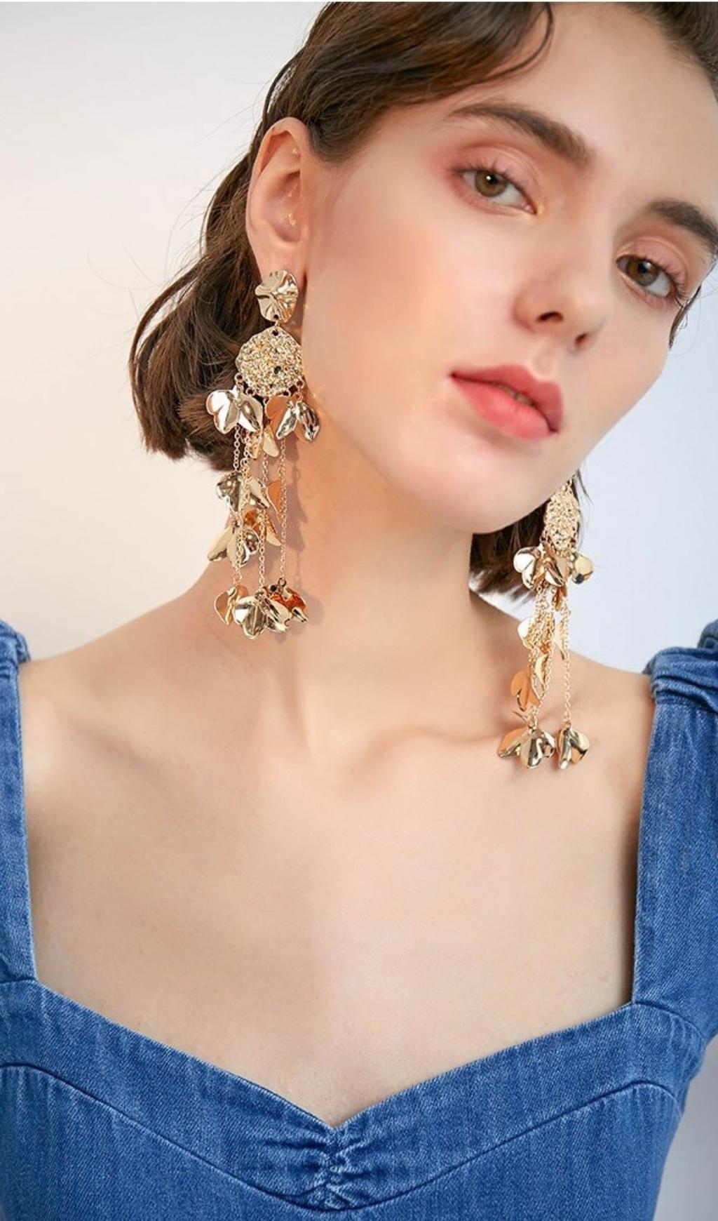 GOLD TASSEL LEAF DROP EARRINGS FOR PARTY