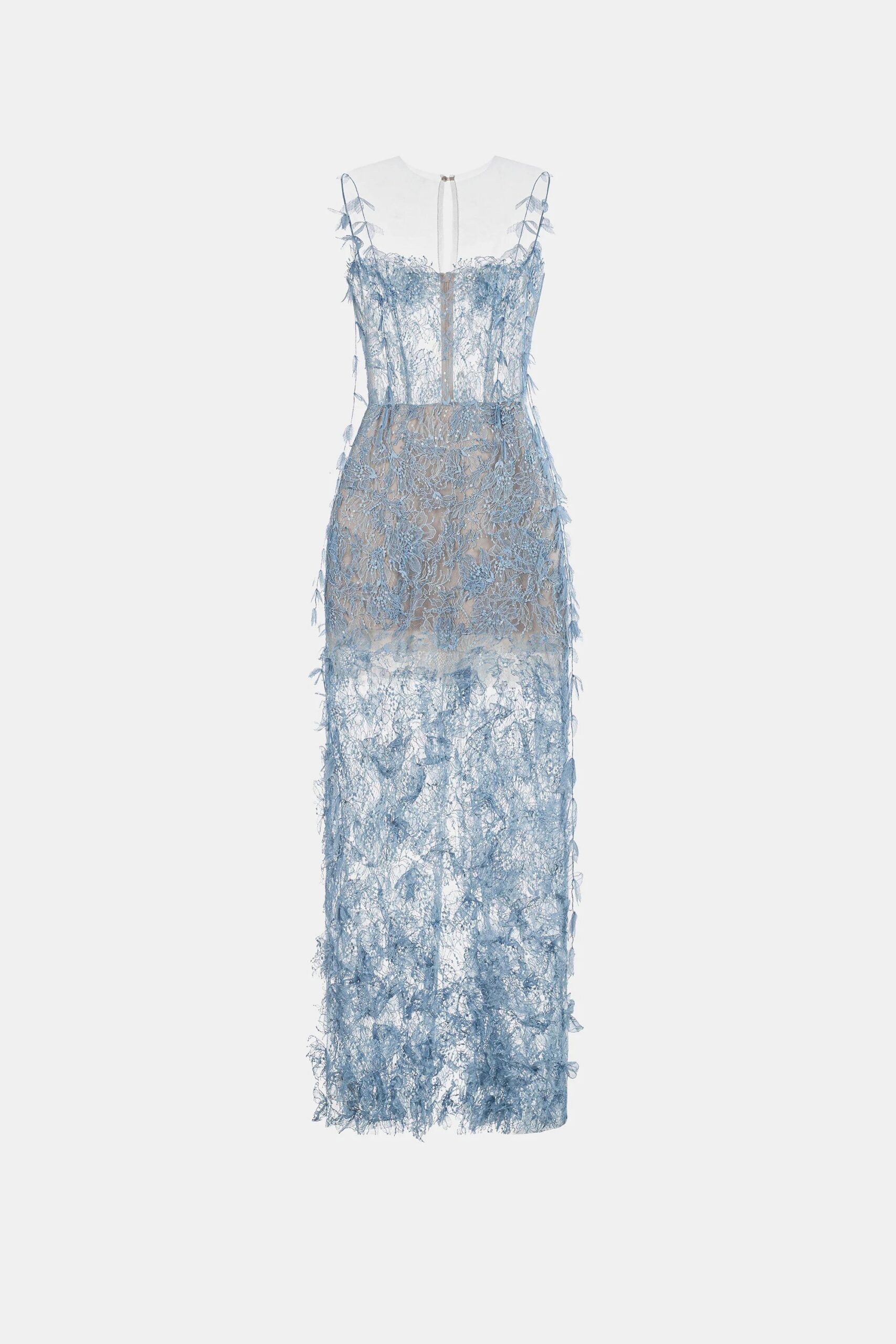 BLUE BEADED LACE PENCIL COCKTAIL DRESS