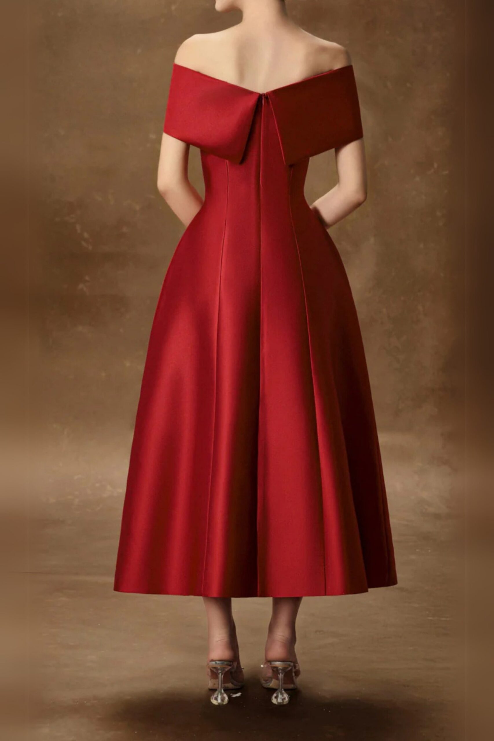HEBERA RED A-LINE OFF-SHOULDER MIDI DRESS