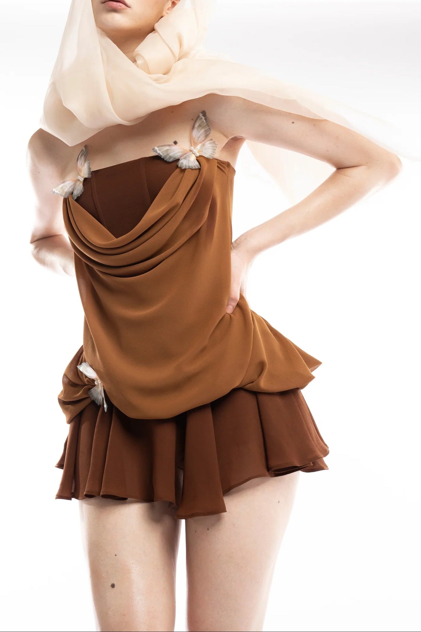 BROWN 3D BUTTERFLY TUNIC & MINI SKIRT SET