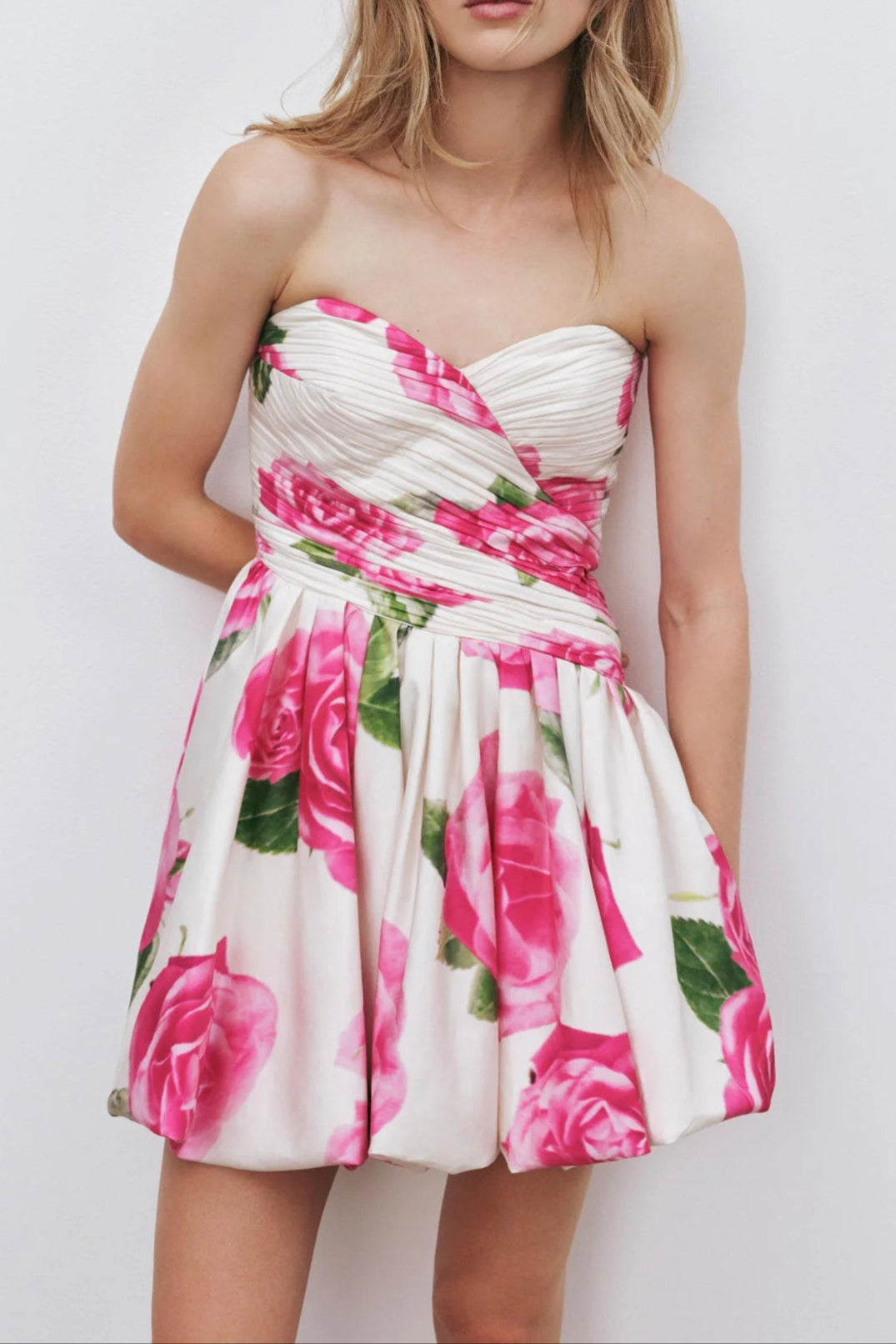 ROSE BUBBLE HEM STRAPLESS MINI DRESS FOR PARTY