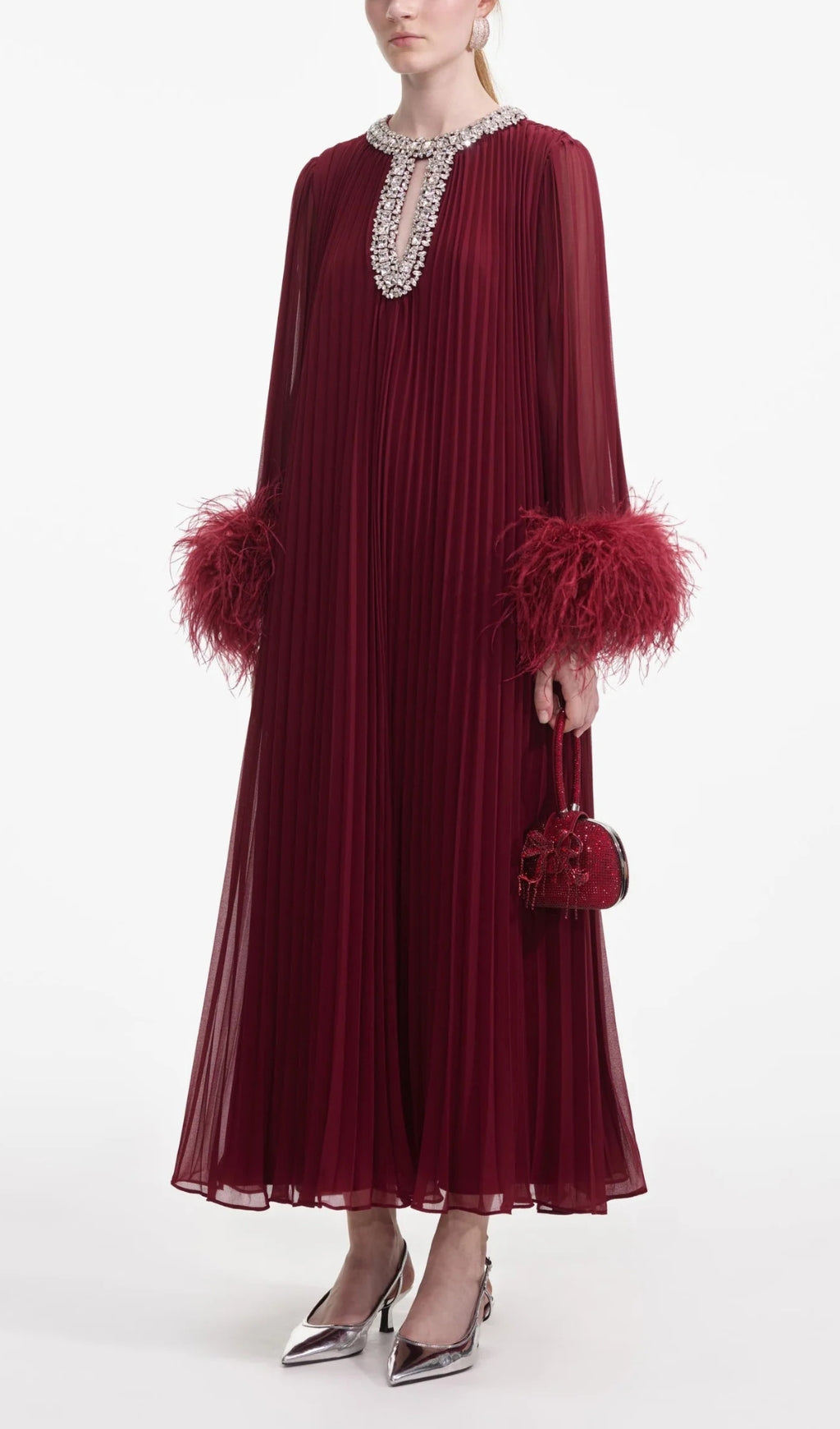 BURGUNDY CHIFFON FEATHER MIDI DRESS FOR WEDDING