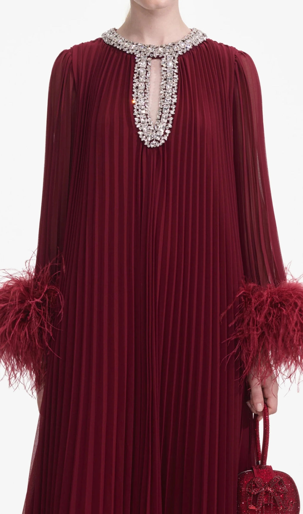 BURGUNDY CHIFFON FEATHER MIDI DRESS FOR WEDDING