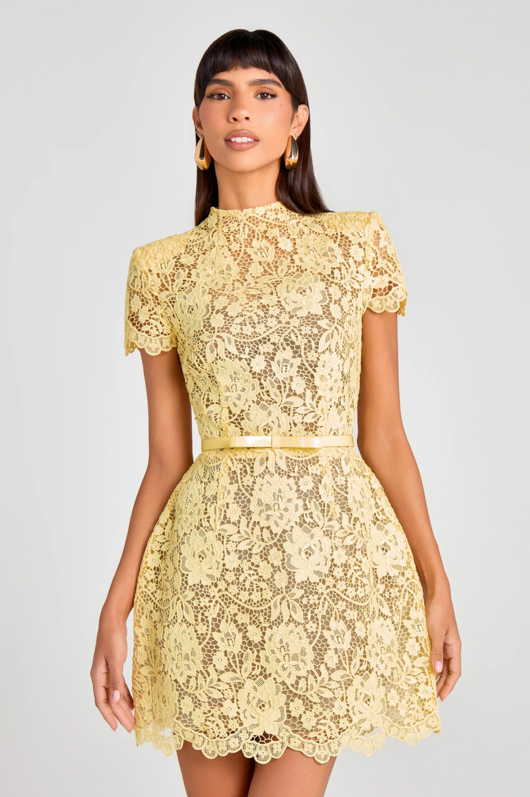 HOLLOW LACE BOW BELT YELLOW MINI DRESS