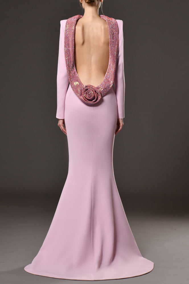 VIOLET PINK CRYSTAL FLOWER MAXI DRESS FOR EVENTS