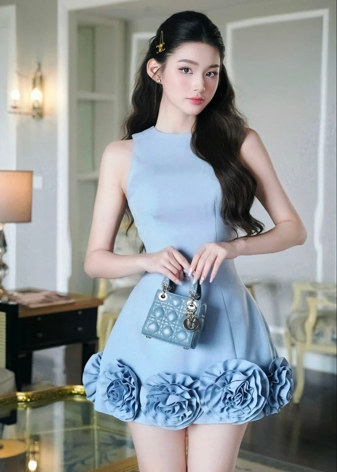 AZURE 3D FLOWER MINI DRESS BLUE