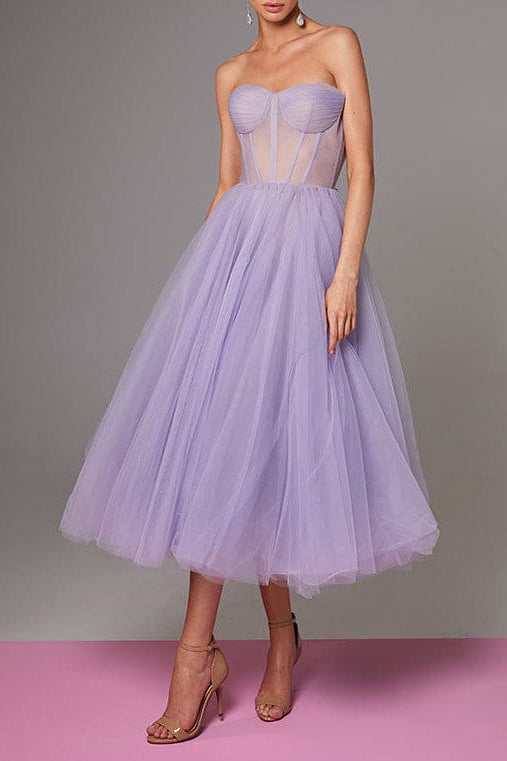 LAVENDER STRAPLESS PUFFY MIDI TULLE PARTY DRESS