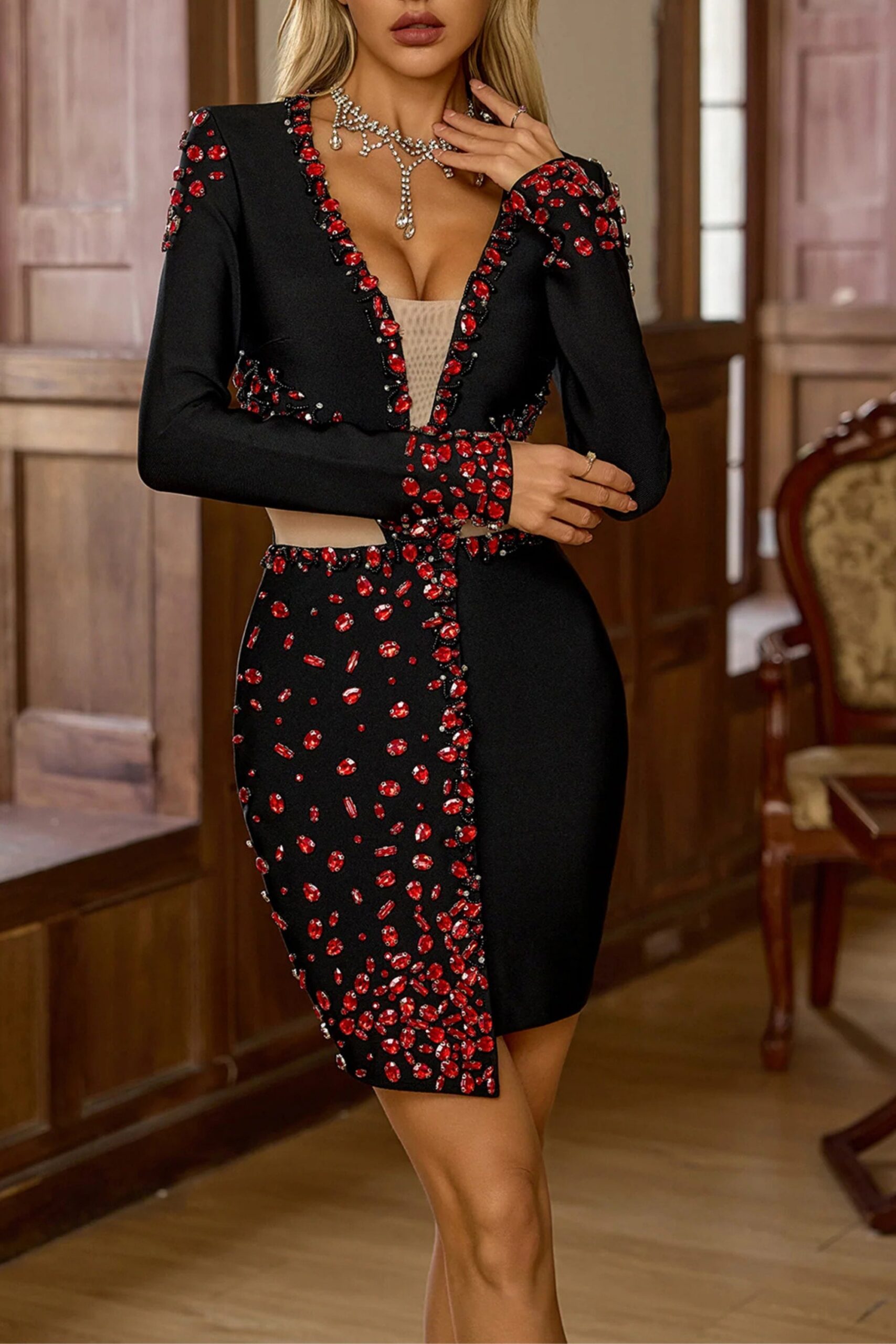 RED DIAMOND LONG SLEEVE MINI DRESS FOR PARTY