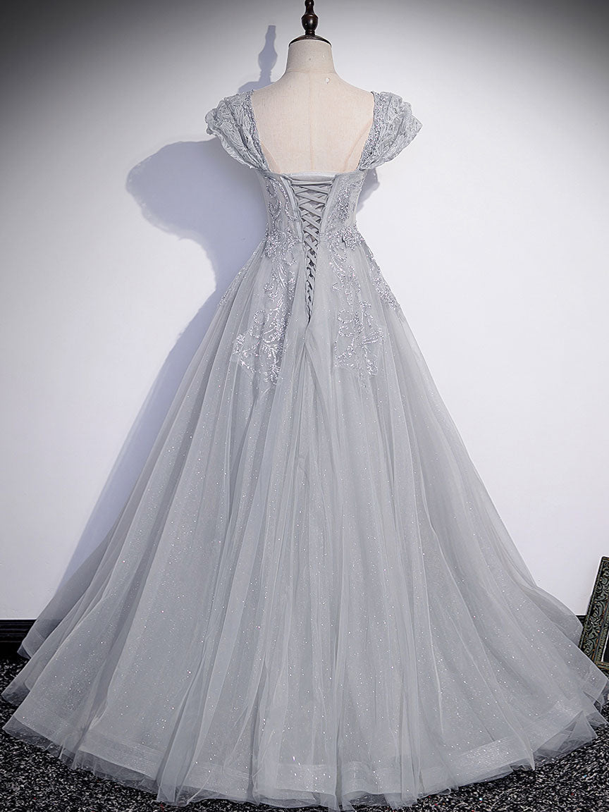 A-LINE GRAY TULLE SEQUIN PARTY DRESS