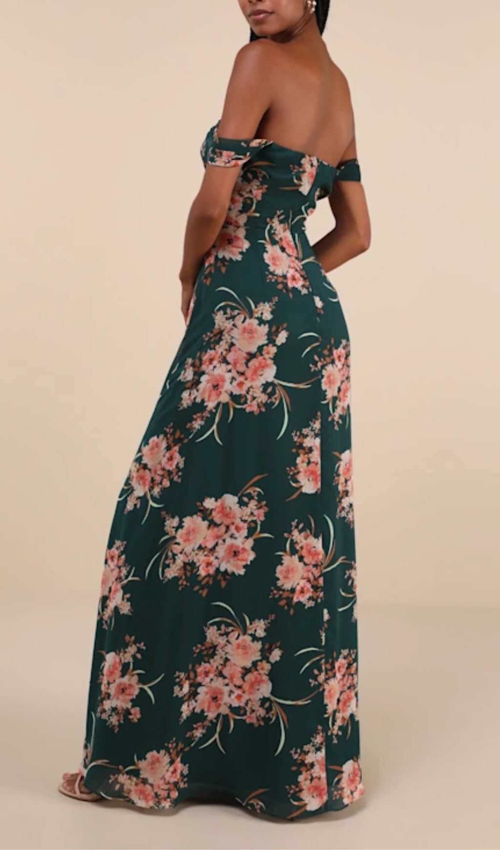 EMERALD GREEN OFF-SHOULDER FLORAL MAXI DRESS