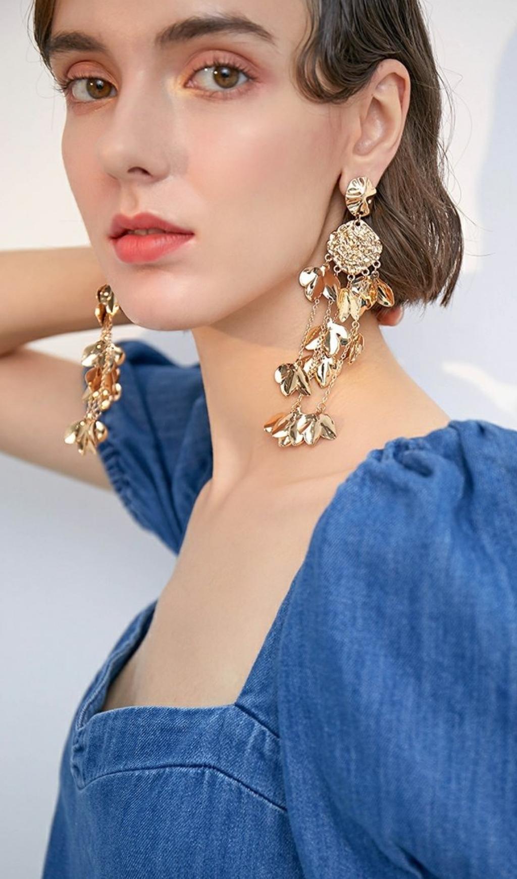 GOLD TASSEL LEAF DROP EARRINGS FOR PARTY