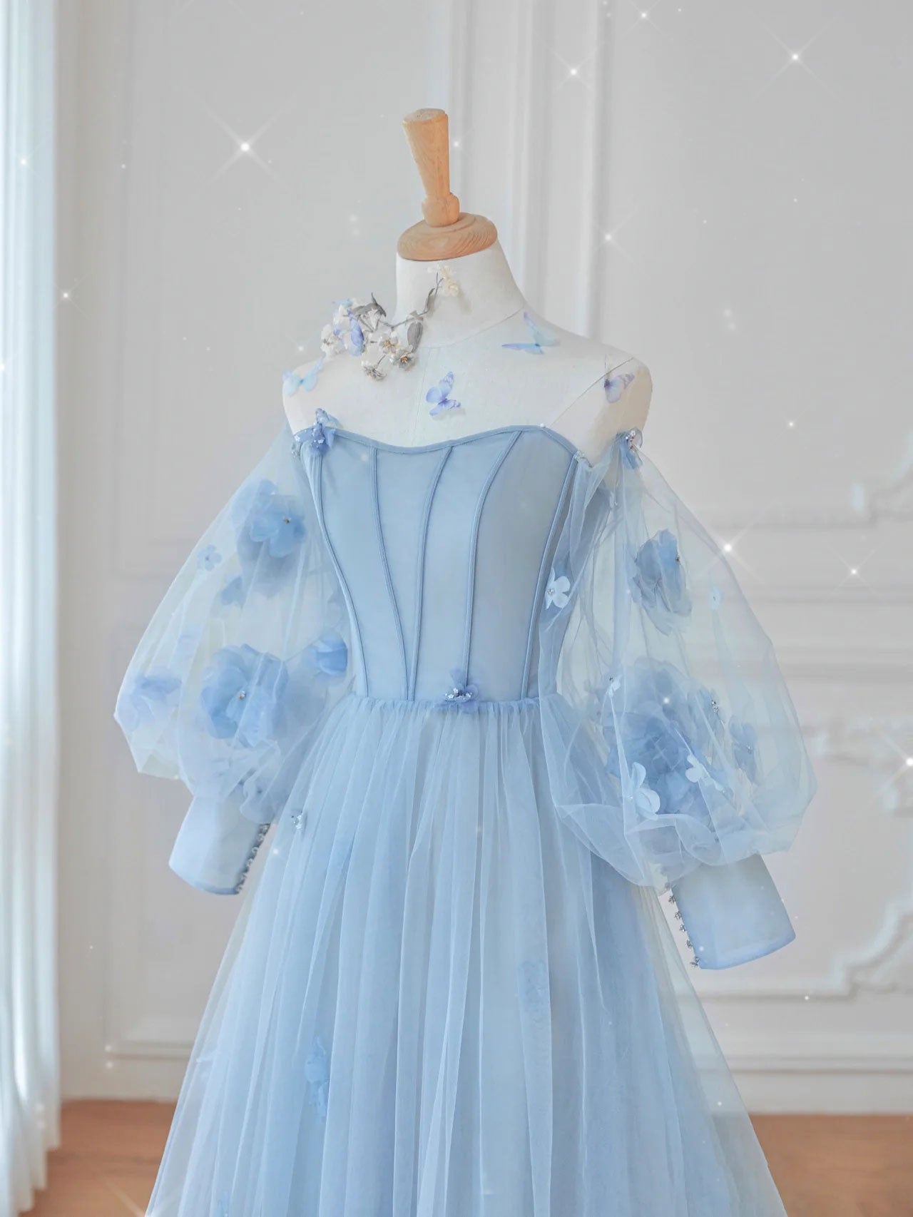 BLUE TULLE LACE MAXI DRESS FOR WEDDING