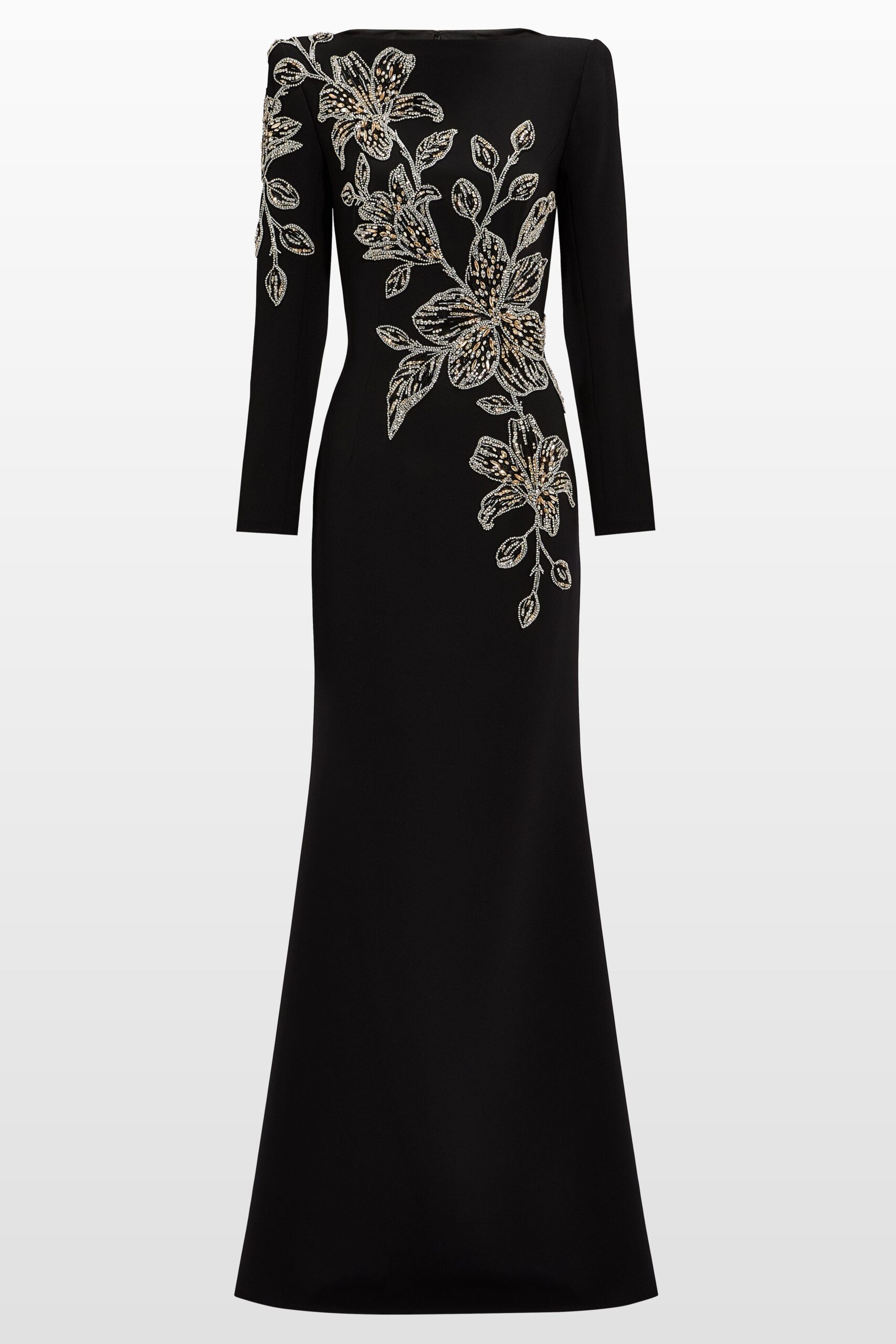 RHINESTONE ORCHID MAXI DRESS, BLACK, FORMAL