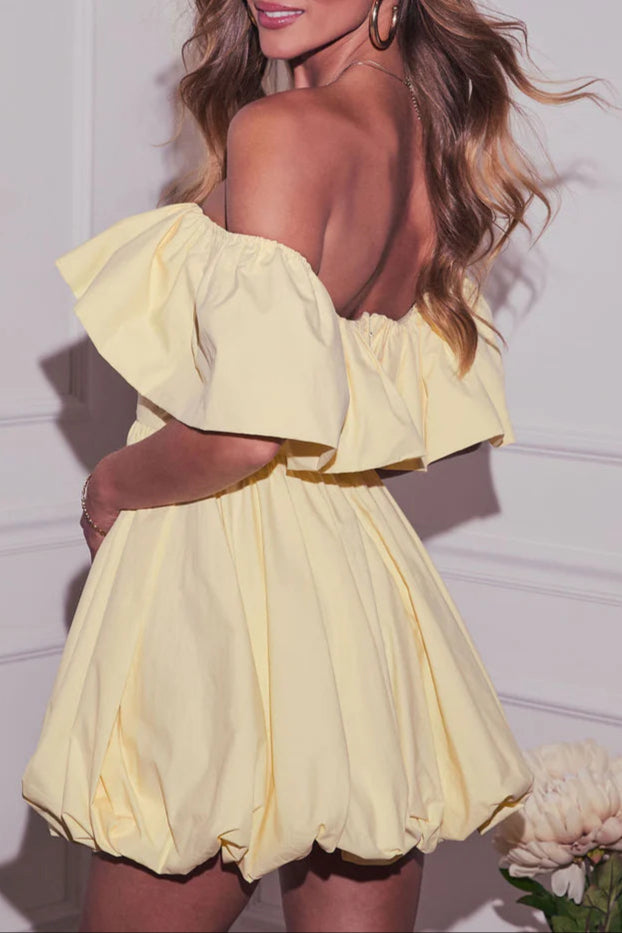 RUFFLE OFF-SHOULDER PUFFY MINI YELLOW DRESS