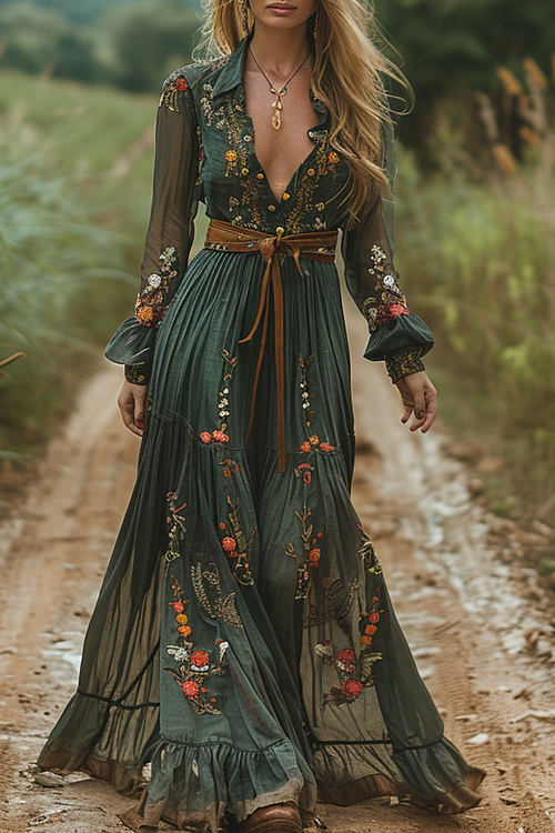 V-neck Linen Long-sleeved Long Dress