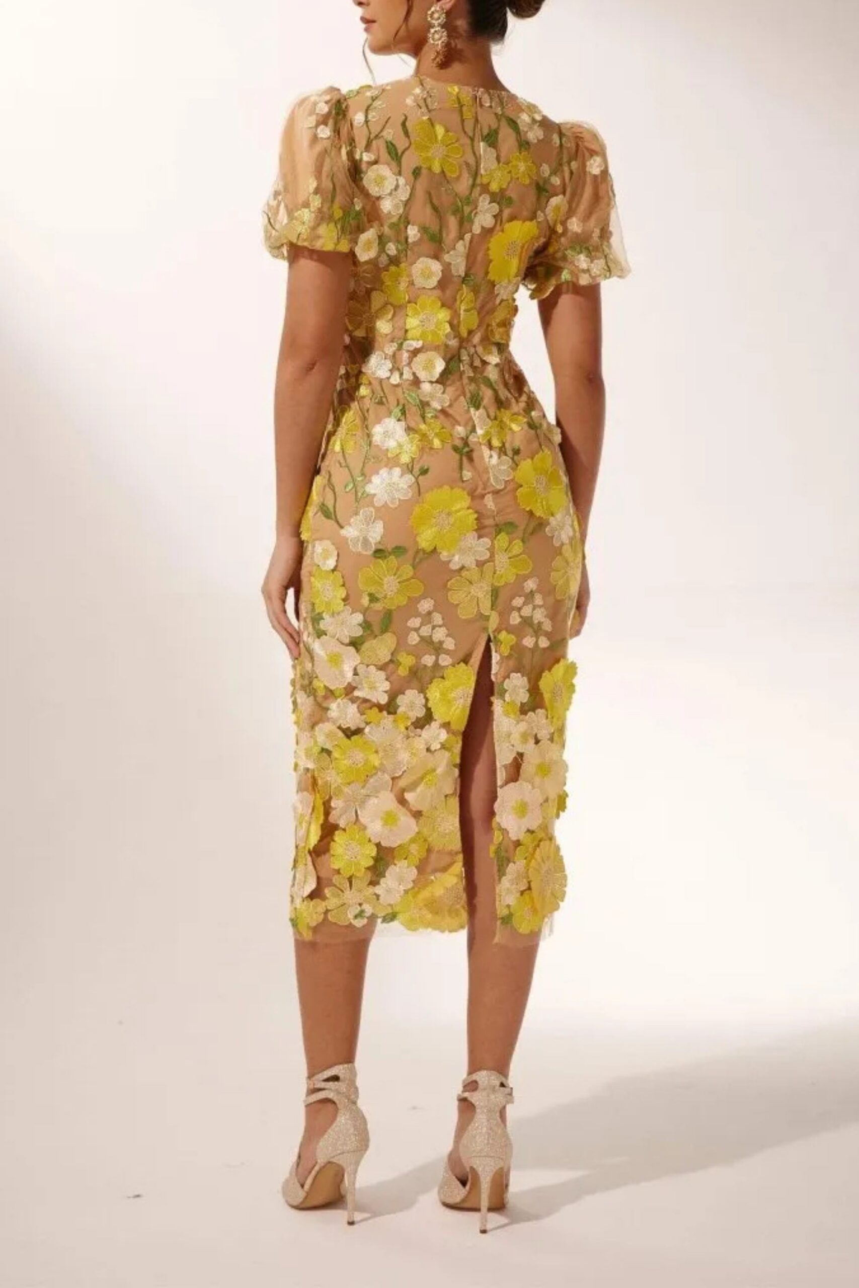 EREN PUFF SLEEVE V-NECK FLORAL MIDI DRESS FOR WEDDING GUEST