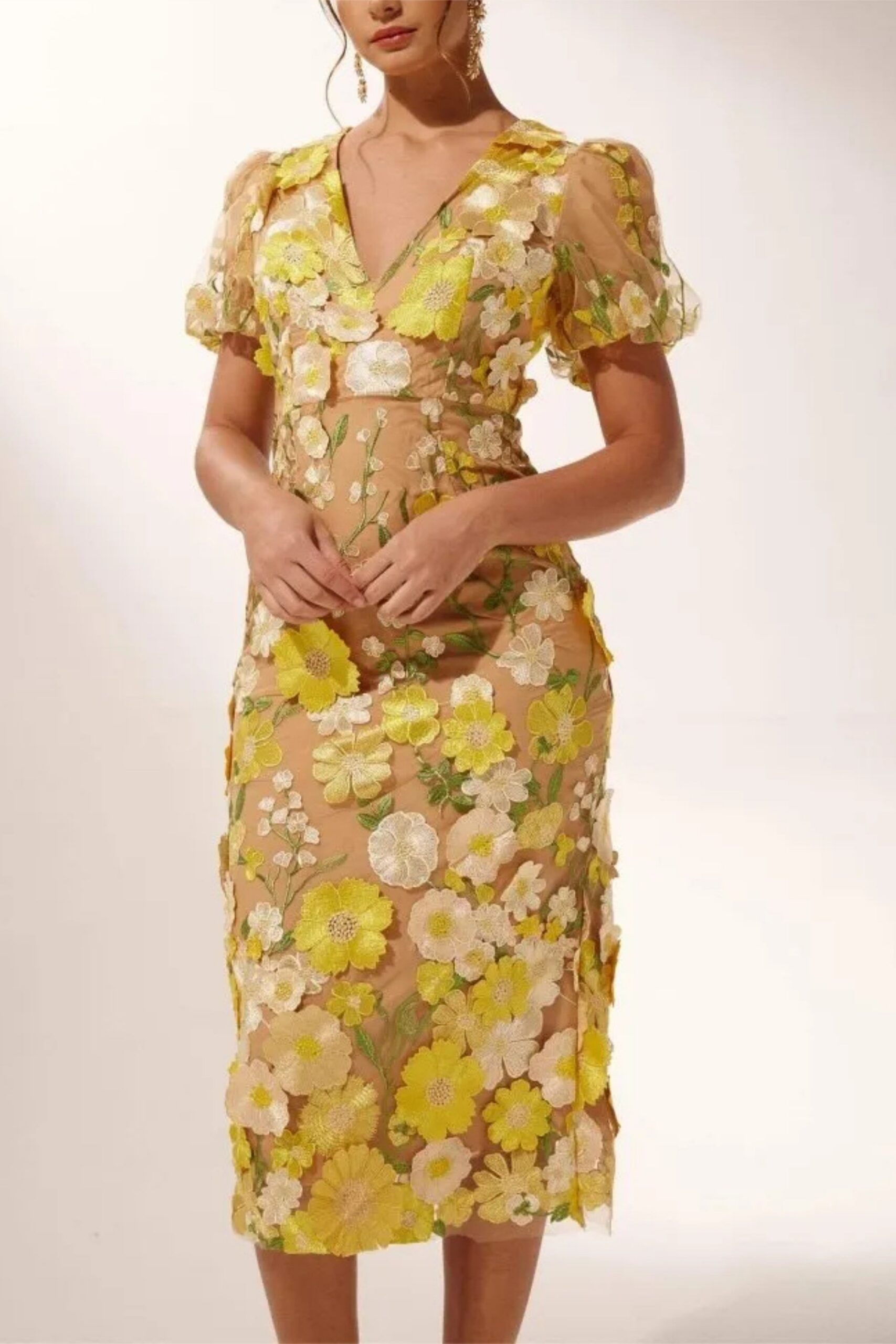 EREN PUFF SLEEVE V-NECK FLORAL MIDI DRESS FOR WEDDING GUEST