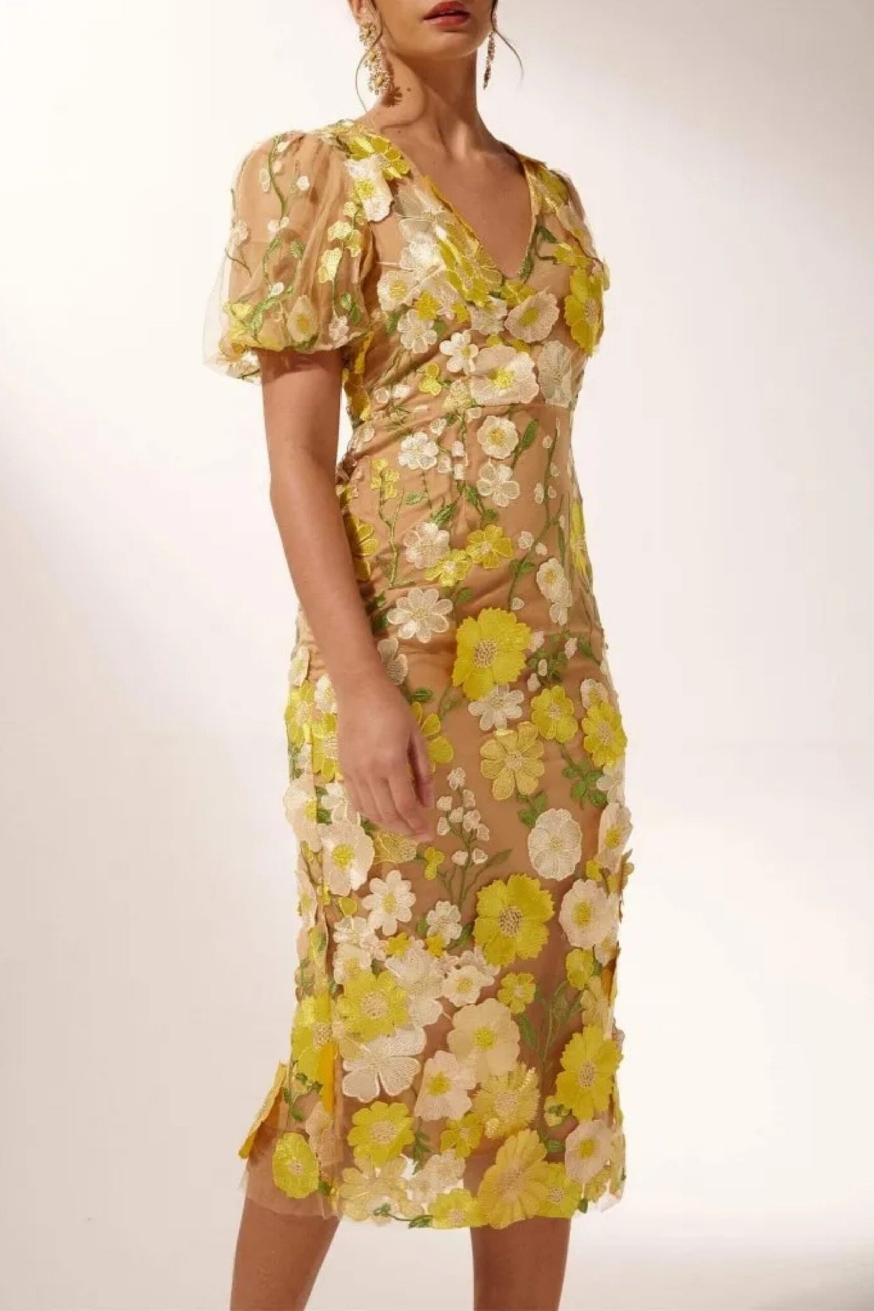 EREN PUFF SLEEVE V-NECK FLORAL MIDI DRESS FOR WEDDING GUEST